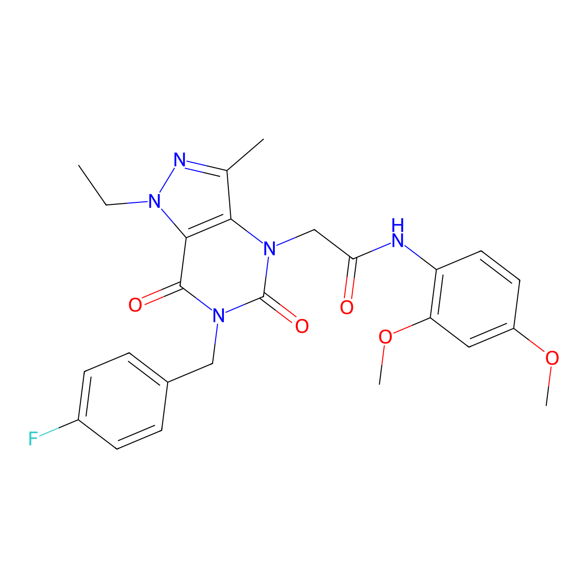 N-(2,4-dimethoxyphenyl)-2-(1-ethyl-6-(4-fluorobenzyl)-3-methyl-5,7-dioxo-6,7-dihydro-1H-pyrazolo[4,3-d]pyrimidin-4(5H)-yl)acetamide molecular structure, CAS 1358459-87-6