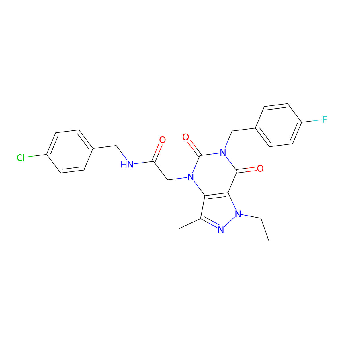 N-(4-chlorobenzyl)-2-(1-ethyl-6-(4-fluorobenzyl)-3-methyl-5,7-dioxo-6,7-dihydro-1H-pyrazolo[4,3-d]pyrimidin-4(5H)-yl)acetamide molecular structure, CAS 1358460-04-4