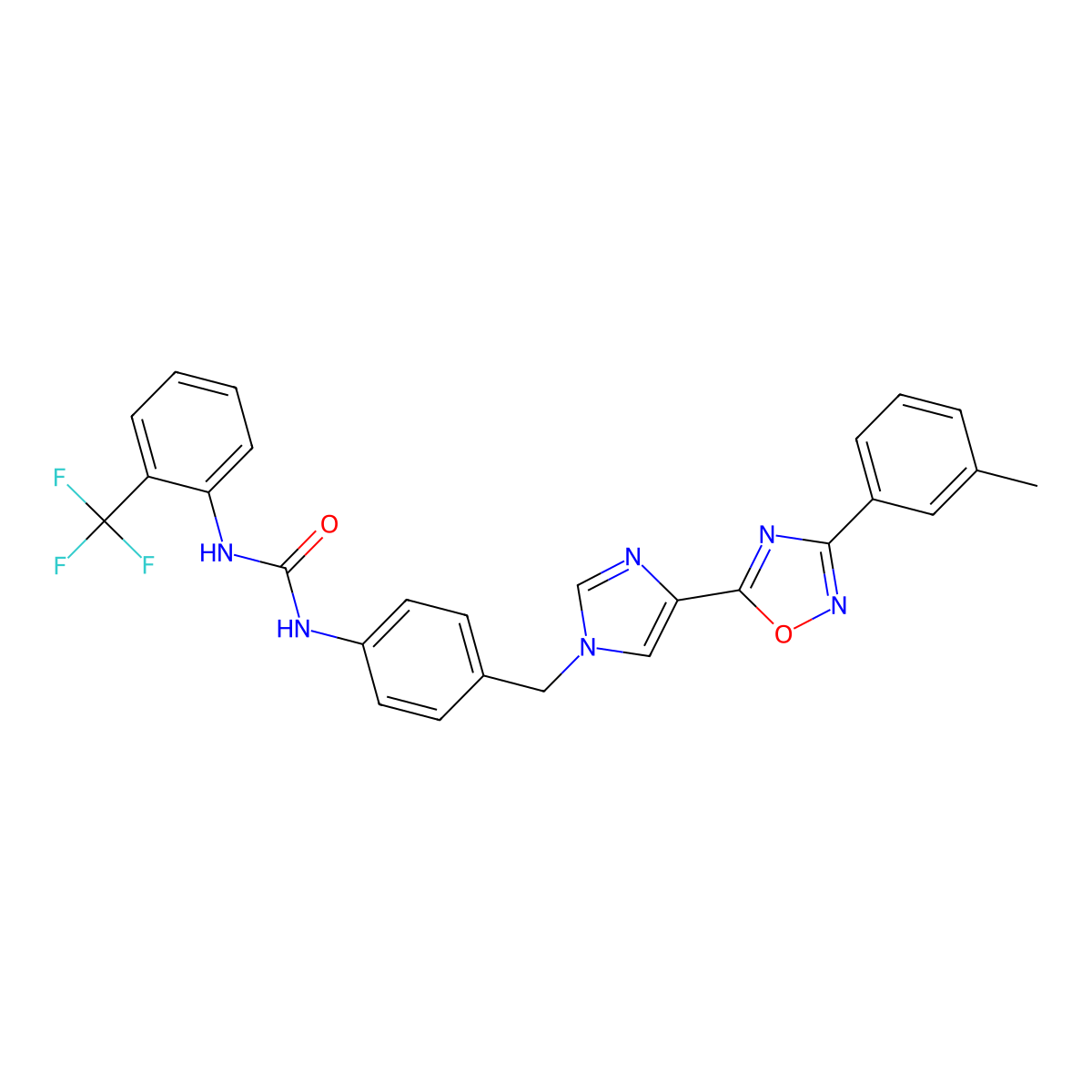 1-[4-({4-[3-(3-methylphenyl)-1,2,4-oxadiazol-5-yl]-1H-imidazol-1-yl}methyl)phenyl]-3-[2-(trifluoromethyl)phenyl]urea molecular structure, CAS 1358478-06-4