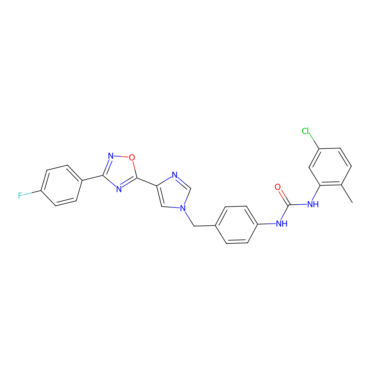 1-(5-chloro-2-methylphenyl)-3-(4-((4-(3-(4-fluorophenyl)-1,2,4-oxadiazol-5-yl)-1H-imidazol-1-yl)methyl)phenyl)urea molecular structure, CAS 1358478-20-2