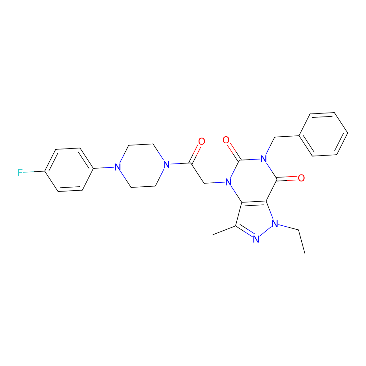 6-benzyl-1-ethyl-4-(2-(4-(4-fluorophenyl)piperazin-1-yl)-2-oxoethyl)-3-methyl-1H-pyrazolo[4,3-d]pyrimidine-5,7(4H,6H)-dione molecular structure, CAS 1358480-83-7