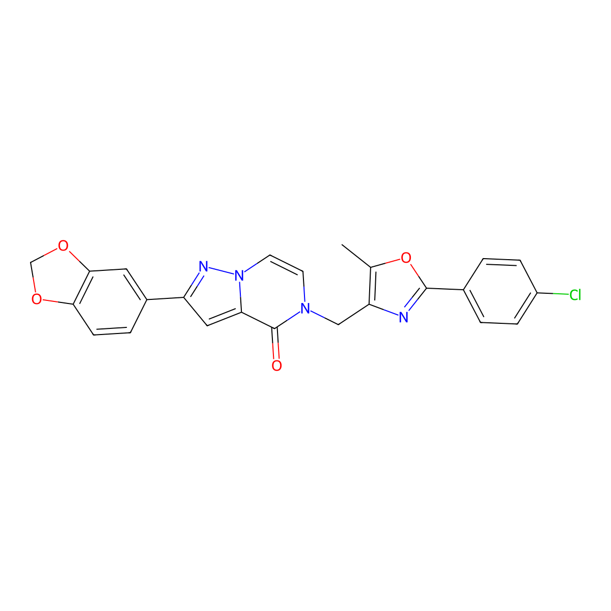 2-(benzo[d][1,3]dioxol-5-yl)-5-((2-(4-chlorophenyl)-5-methyloxazol-4-yl)methyl)pyrazolo[1,5-a]pyrazin-4(5H)-one molecular structure, CAS 1358482-17-3