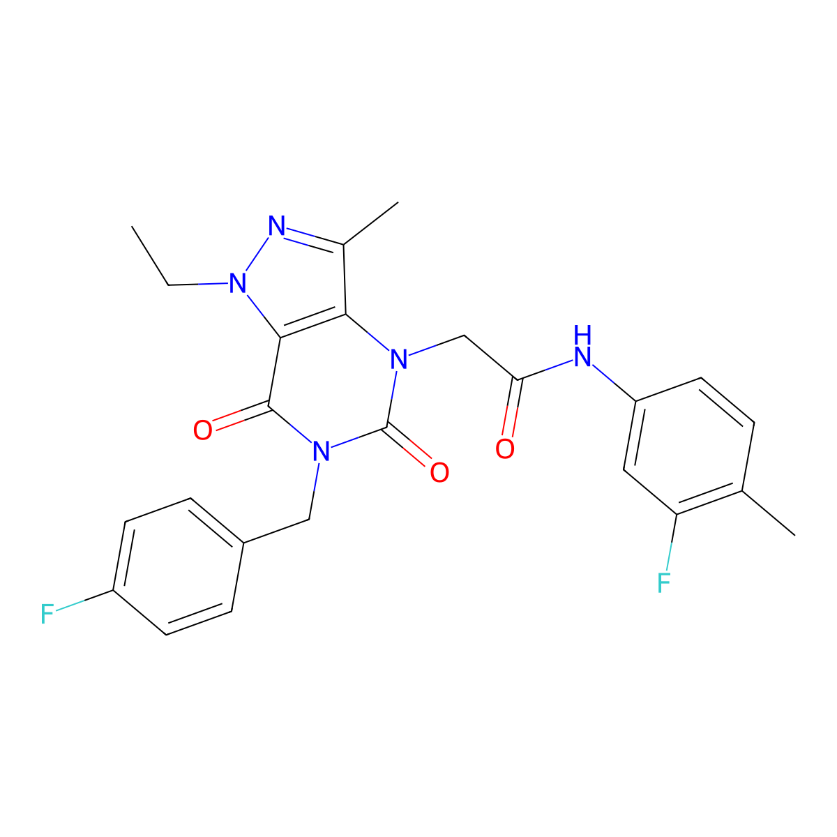 2-(1-ethyl-6-(4-fluorobenzyl)-3-methyl-5,7-dioxo-6,7-dihydro-1H-pyrazolo[4,3-d]pyrimidin-4(5H)-yl)-N-(3-fluoro-4-methylphenyl)acetamide molecular structure, CAS 1358509-61-1