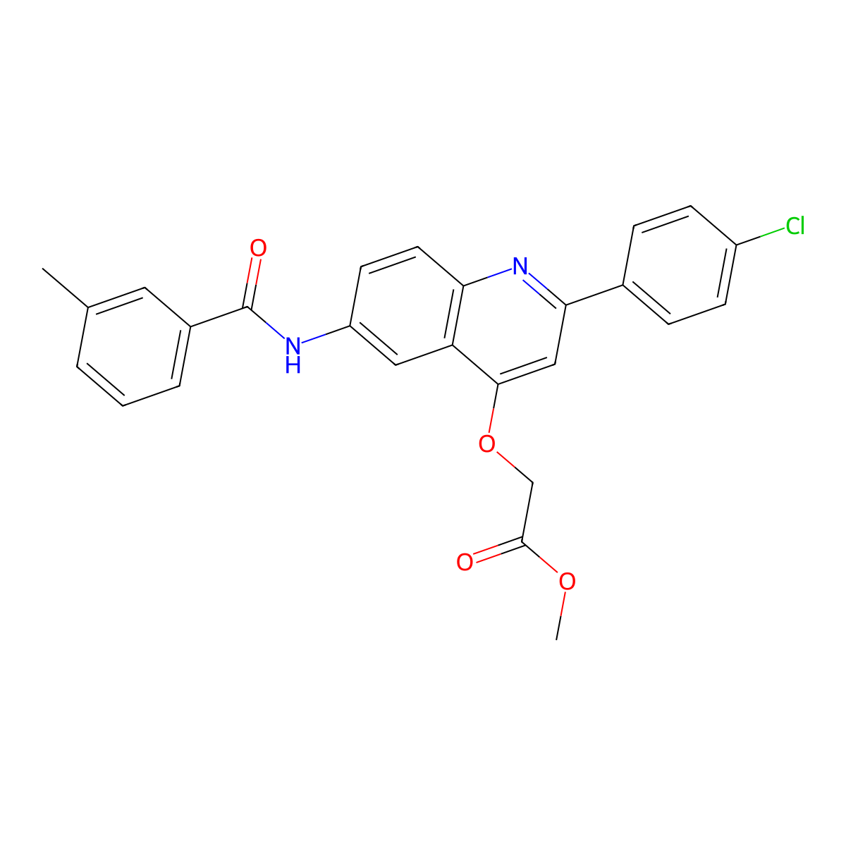 Methyl 2-((2-(4-chlorophenyl)-6-(3-methylbenzamido)quinolin-4-yl)oxy)acetate molecular structure, CAS 1358512-45-4