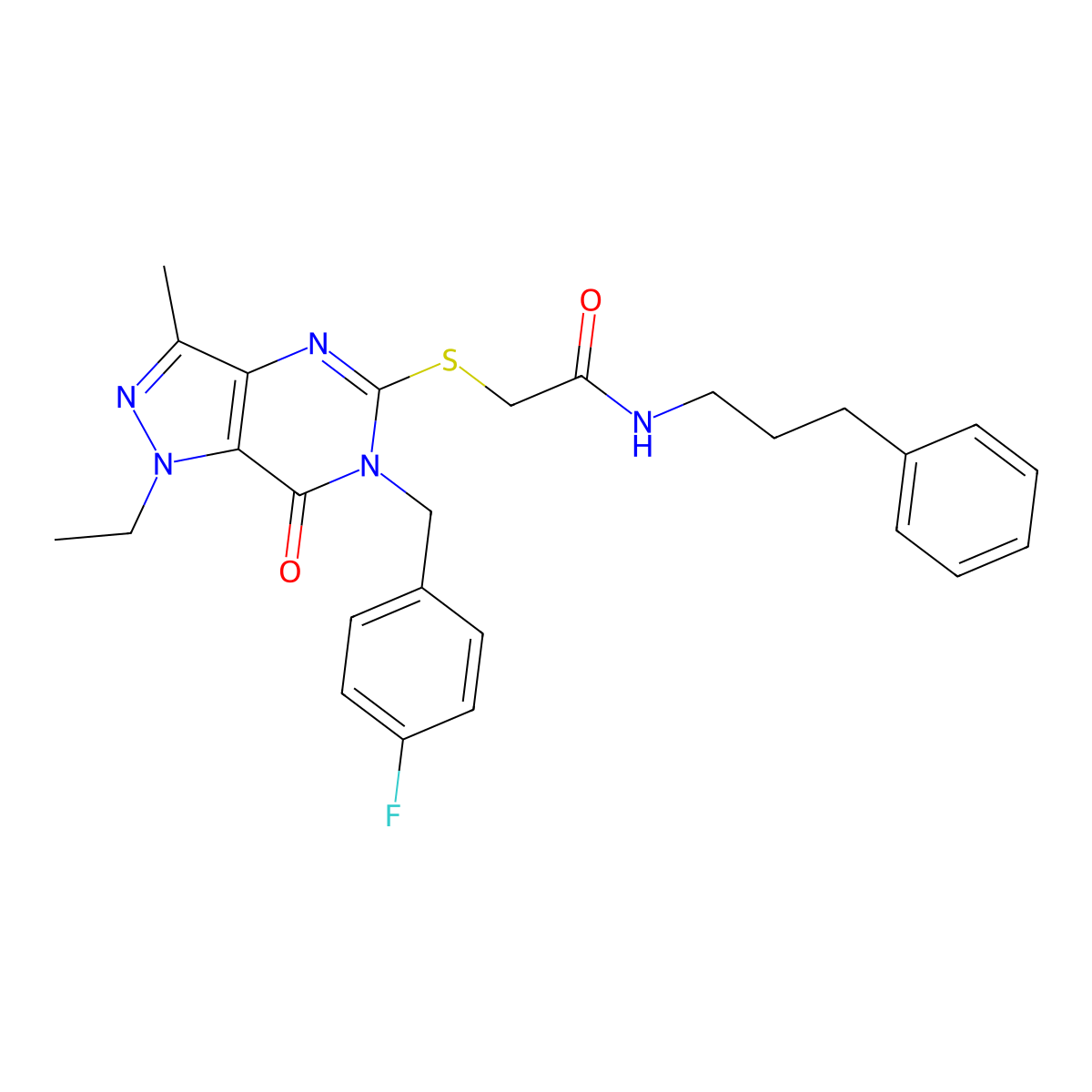 2-({1-ethyl-6-[(4-fluorophenyl)methyl]-3-methyl-7-oxo-1H,6H,7H-pyrazolo[4,3-d]pyrimidin-5-yl}sulfanyl)-N-(3-phenylpropyl)acetamide molecular structure, CAS 1358526-98-3