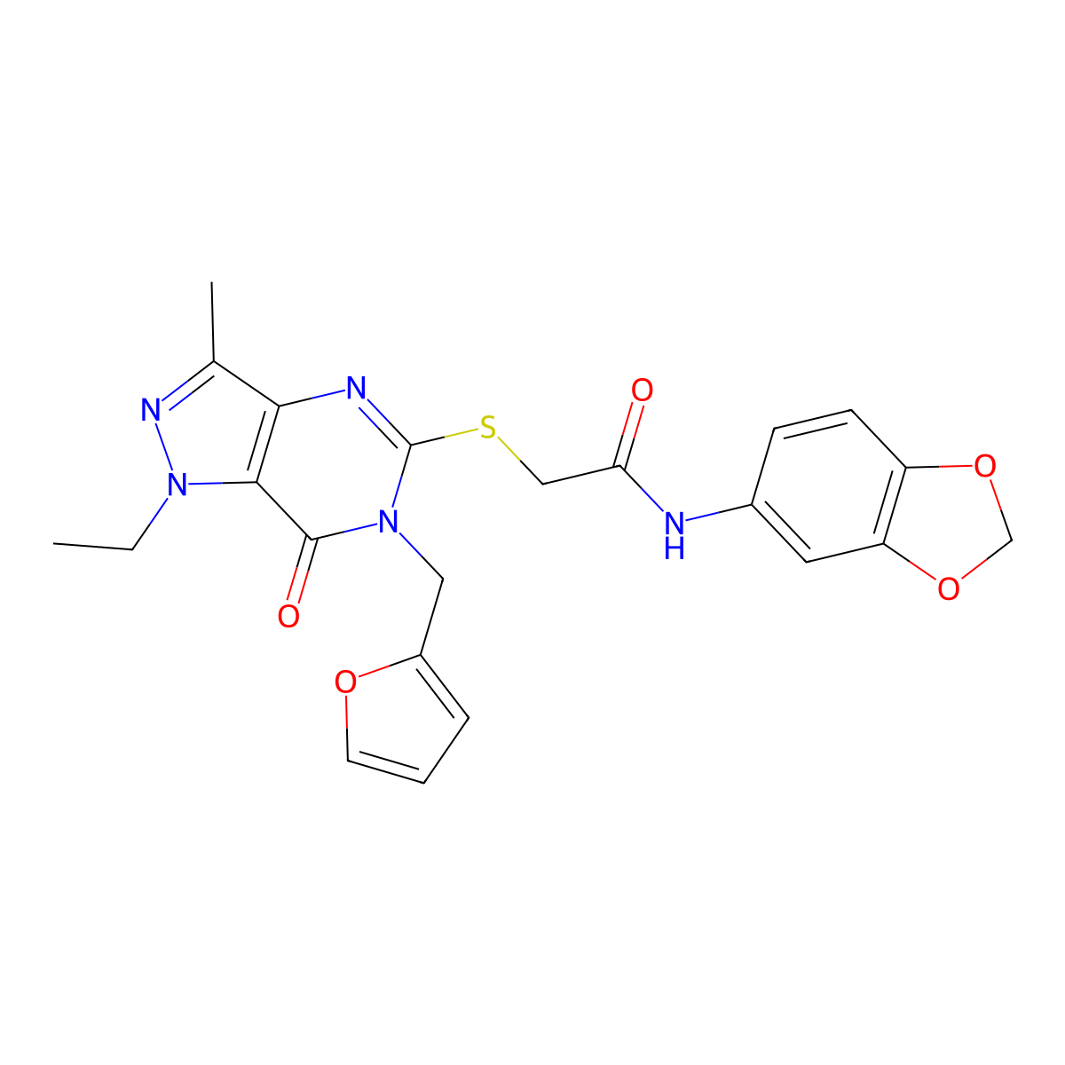 N-(benzo[d][1,3]dioxol-5-yl)-2-((1-ethyl-6-(furan-2-ylmethyl)-3-methyl-7-oxo-6,7-dihydro-1H-pyrazolo[4,3-d]pyrimidin-5-yl)thio)acetamide molecular structure, CAS 1358527-15-7