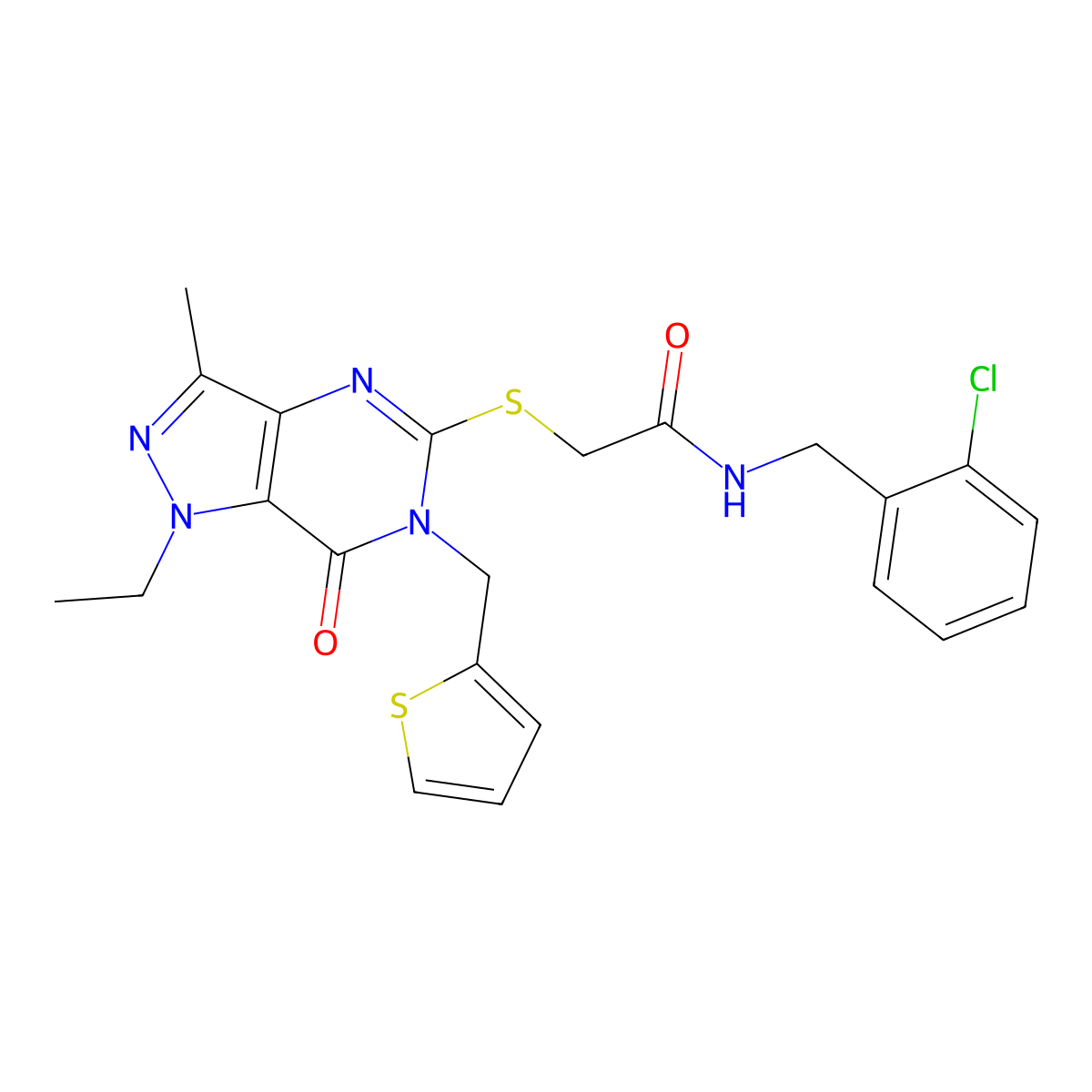 N-(2-chlorobenzyl)-2-((1-ethyl-3-methyl-7-oxo-6-(thiophen-2-ylmethyl)-6,7-dihydro-1H-pyrazolo[4,3-d]pyrimidin-5-yl)thio)acetamide molecular structure, CAS 1358527-30-6