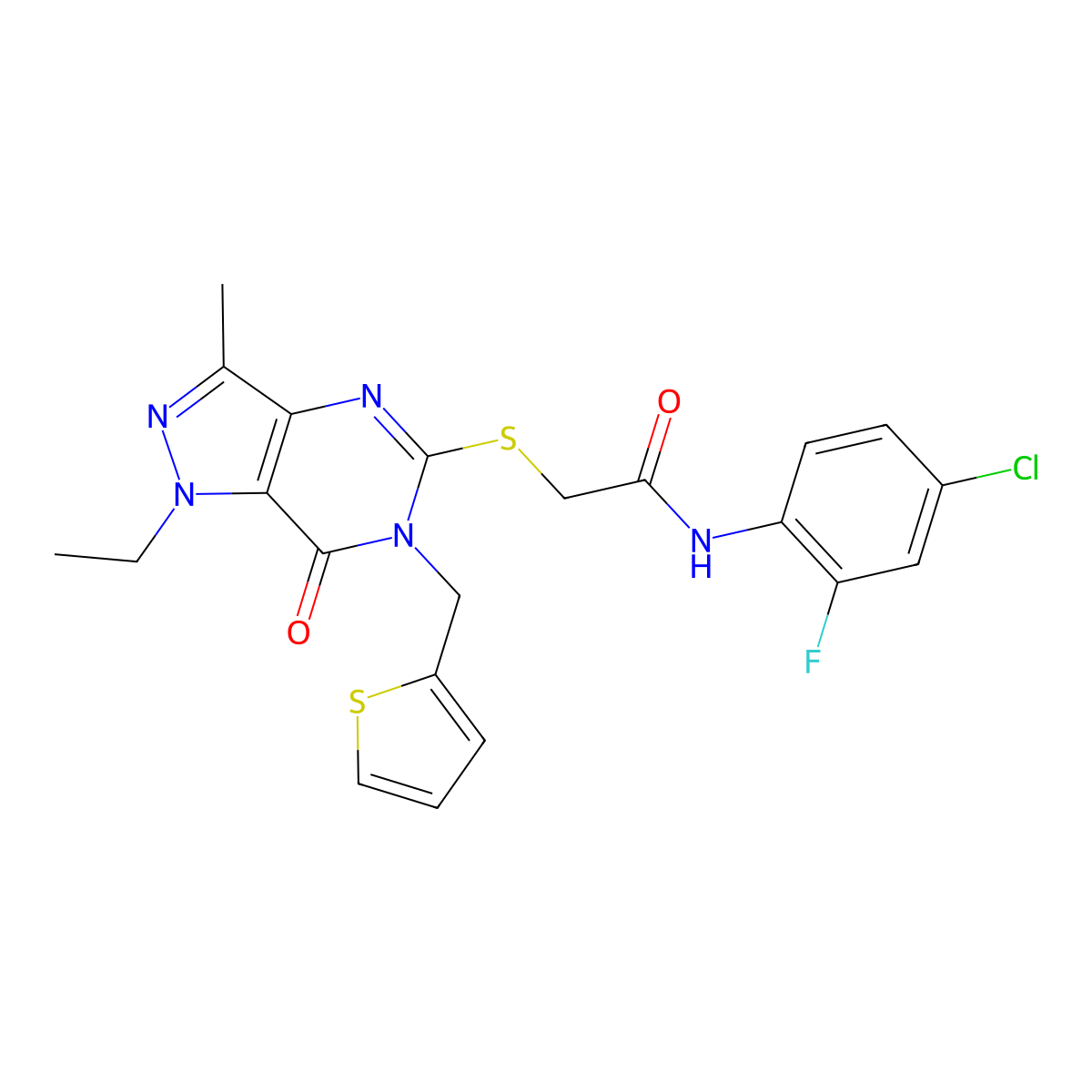 N-(4-chloro-2-fluorophenyl)-2-((1-ethyl-3-methyl-7-oxo-6-(thiophen-2-ylmethyl)-6,7-dihydro-1H-pyrazolo[4,3-d]pyrimidin-5-yl)thio)acetamide molecular structure, CAS 1358527-40-8