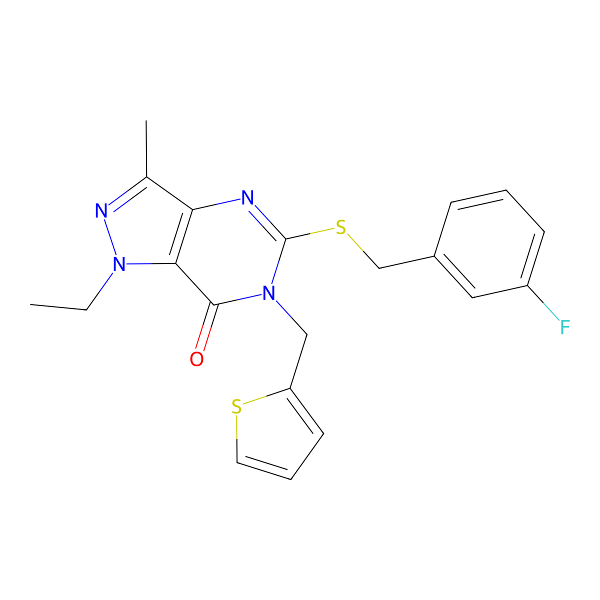 1-ethyl-5-((3-fluorobenzyl)thio)-3-methyl-6-(thiophen-2-ylmethyl)-1H-pyrazolo[4,3-d]pyrimidin-7(6H)-one molecular structure, CAS 1358527-86-2
