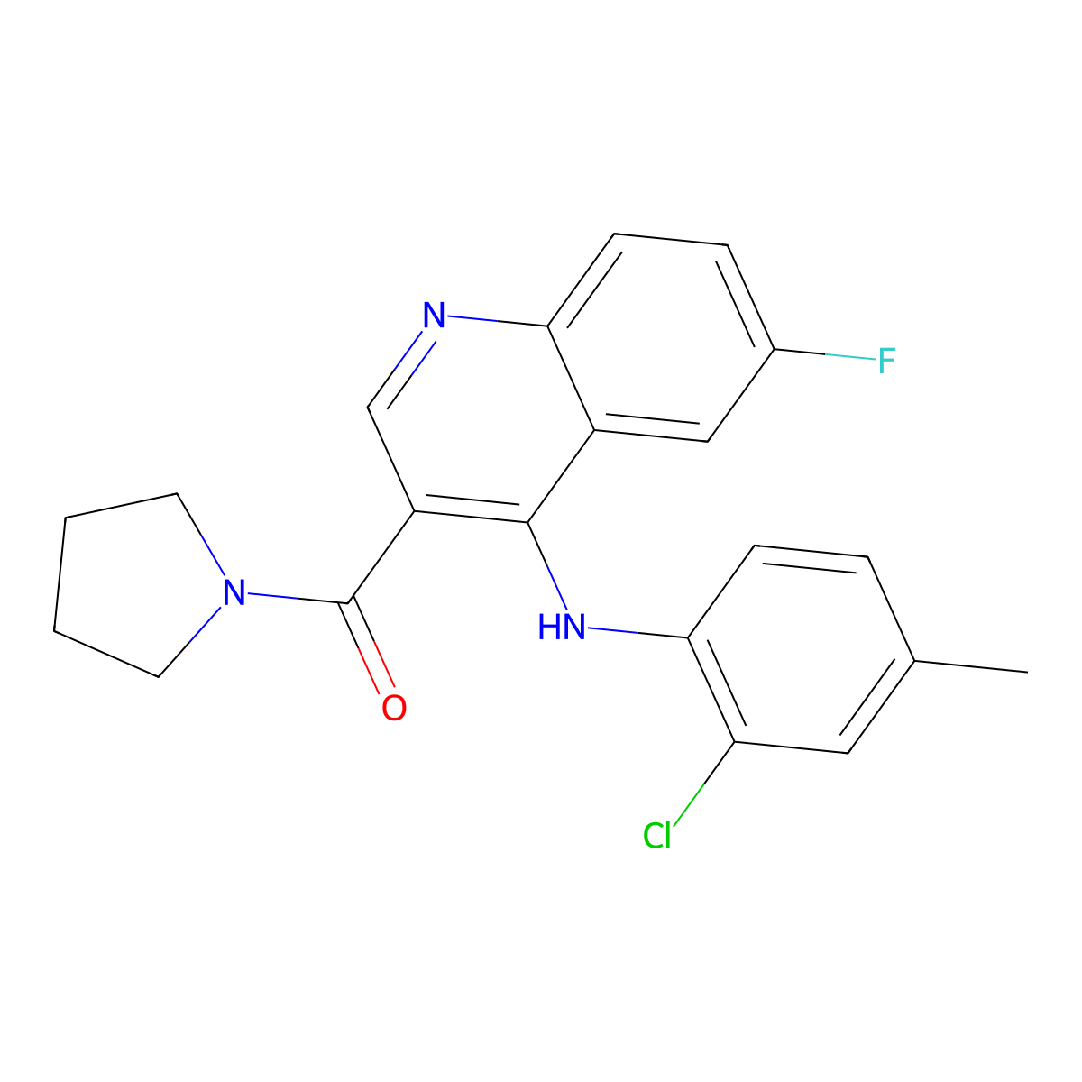 (4-((2-Chloro-4-methylphenyl)amino)-6-fluoroquinolin-3-yl)(pyrrolidin-1-yl)methanone molecular structure, CAS 1358532-86-1