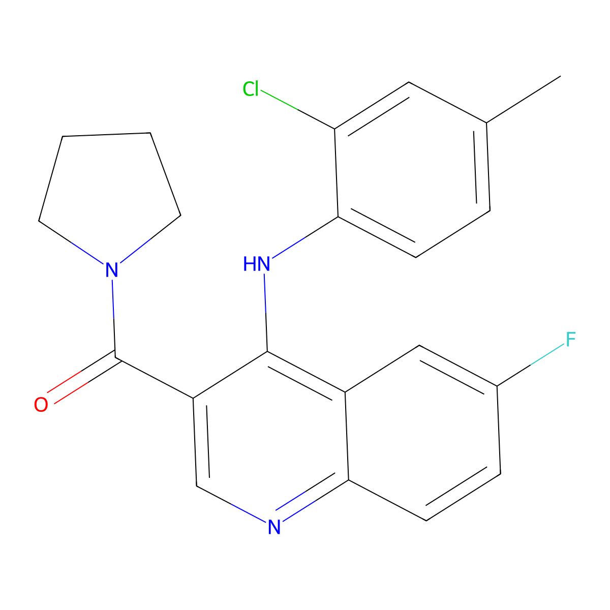 (4-((2-Chloro-4-methylphenyl)amino)-6-fluoroquinolin-3-yl)(pyrrolidin-1-yl)methanone molecular structure, CAS 1358532-86-1