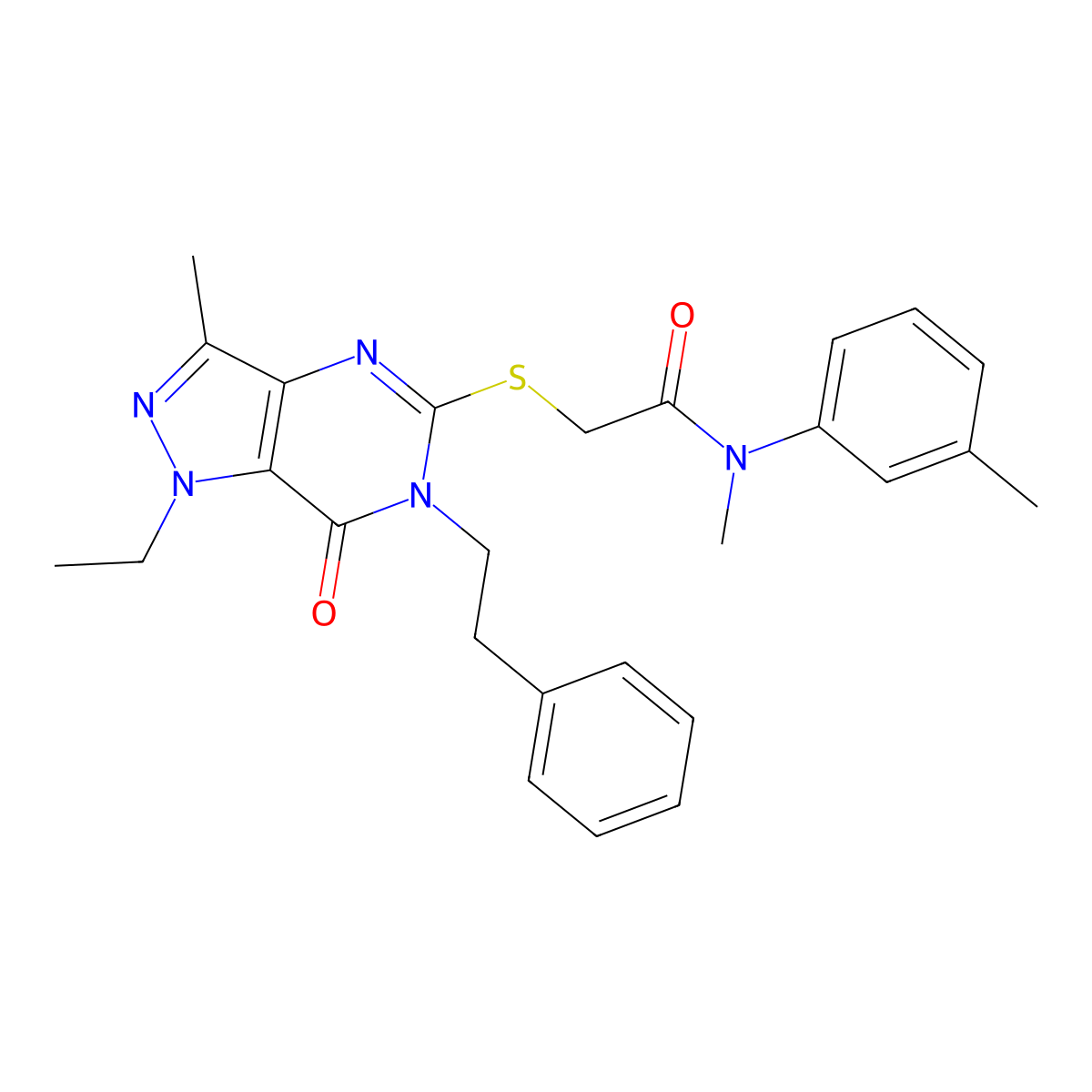 2-((1-ethyl-3-methyl-7-oxo-6-phenethyl-6,7-dihydro-1H-pyrazolo[4,3-d]pyrimidin-5-yl)thio)-N-methyl-N-(m-tolyl)acetamide molecular structure, CAS 1358533-32-0