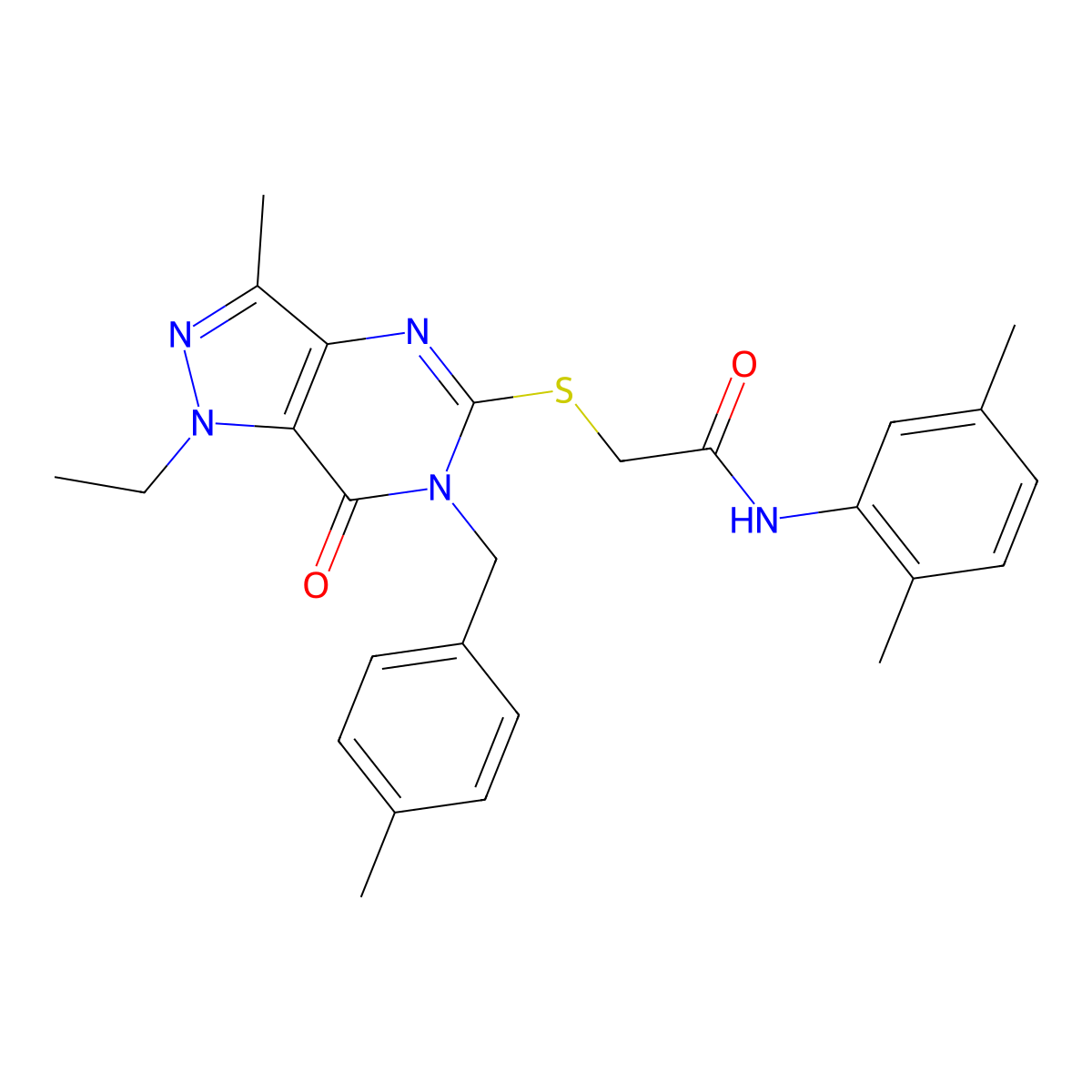 N-(2,5-dimethylphenyl)-2-({1-ethyl-3-methyl-6-[(4-methylphenyl)methyl]-7-oxo-1H,6H,7H-pyrazolo[4,3-d]pyrimidin-5-yl}sulfanyl)acetamide molecular structure, CAS 1358533-52-4