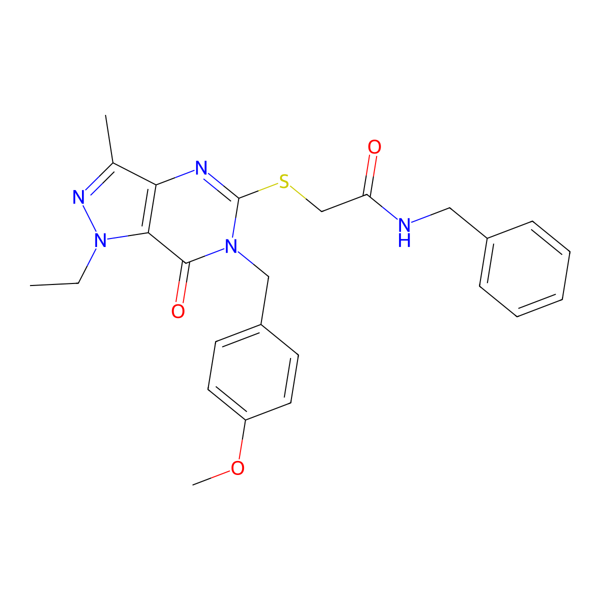 N-benzyl-2-({1-ethyl-6-[(4-methoxyphenyl)methyl]-3-methyl-7-oxo-1H,6H,7H-pyrazolo[4,3-d]pyrimidin-5-yl}sulfanyl)acetamide molecular structure, CAS 1358533-72-8