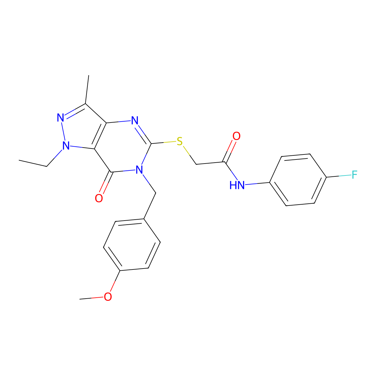 2-((1-ethyl-6-(4-methoxybenzyl)-3-methyl-7-oxo-6,7-dihydro-1H-pyrazolo[4,3-d]pyrimidin-5-yl)thio)-N-(4-fluorophenyl)acetamide molecular structure, CAS 1358533-81-9