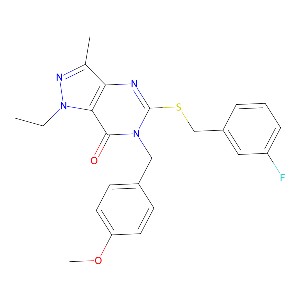 1-ethyl-5-{[(3-fluorophenyl)methyl]sulfanyl}-6-[(4-methoxyphenyl)methyl]-3-methyl-1H,6H,7H-pyrazolo[4,3-d]pyrimidin-7-one molecular structure, CAS 1358533-96-6