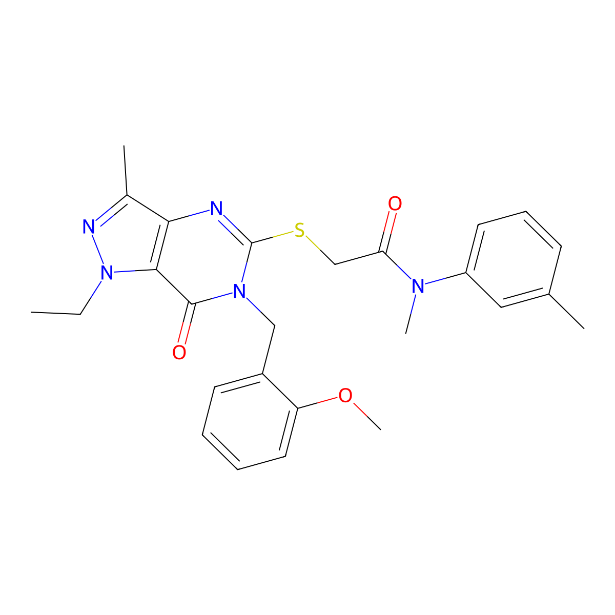 2-((1-ethyl-6-(2-methoxybenzyl)-3-methyl-7-oxo-6,7-dihydro-1H-pyrazolo[4,3-d]pyrimidin-5-yl)thio)-N-methyl-N-(m-tolyl)acetamide molecular structure, CAS 1358534-16-3