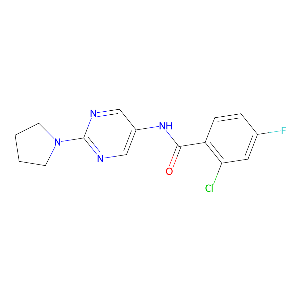 2-chloro-4-fluoro-N-[2-(pyrrolidin-1-yl)pyrimidin-5-yl]benzamide molecular structure, CAS 1358538-88-1