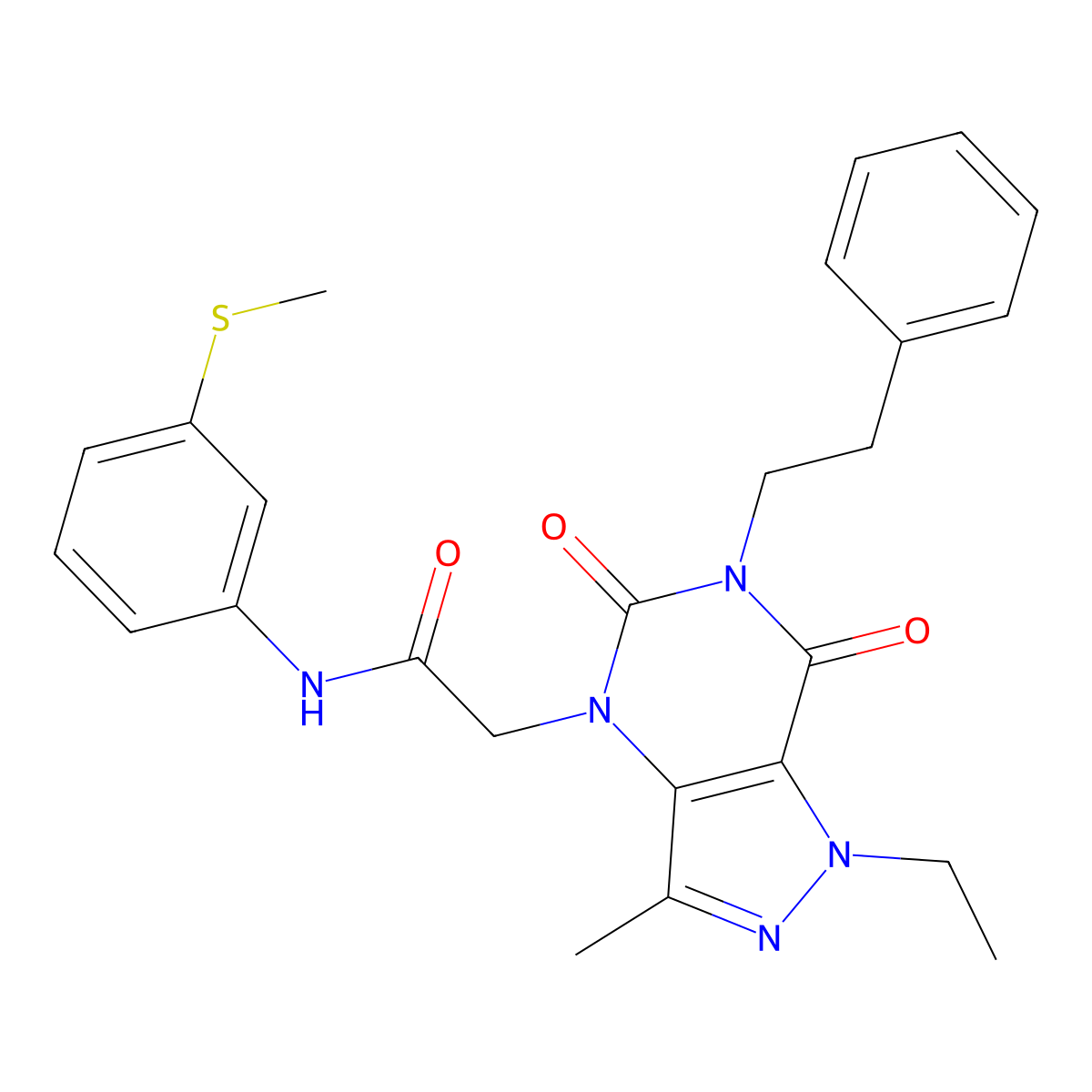 2-(1-ethyl-3-methyl-5,7-dioxo-6-phenethyl-6,7-dihydro-1H-pyrazolo[4,3-d]pyrimidin-4(5H)-yl)-N-(3-(methylthio)phenyl)acetamide molecular structure, CAS 1358545-29-5