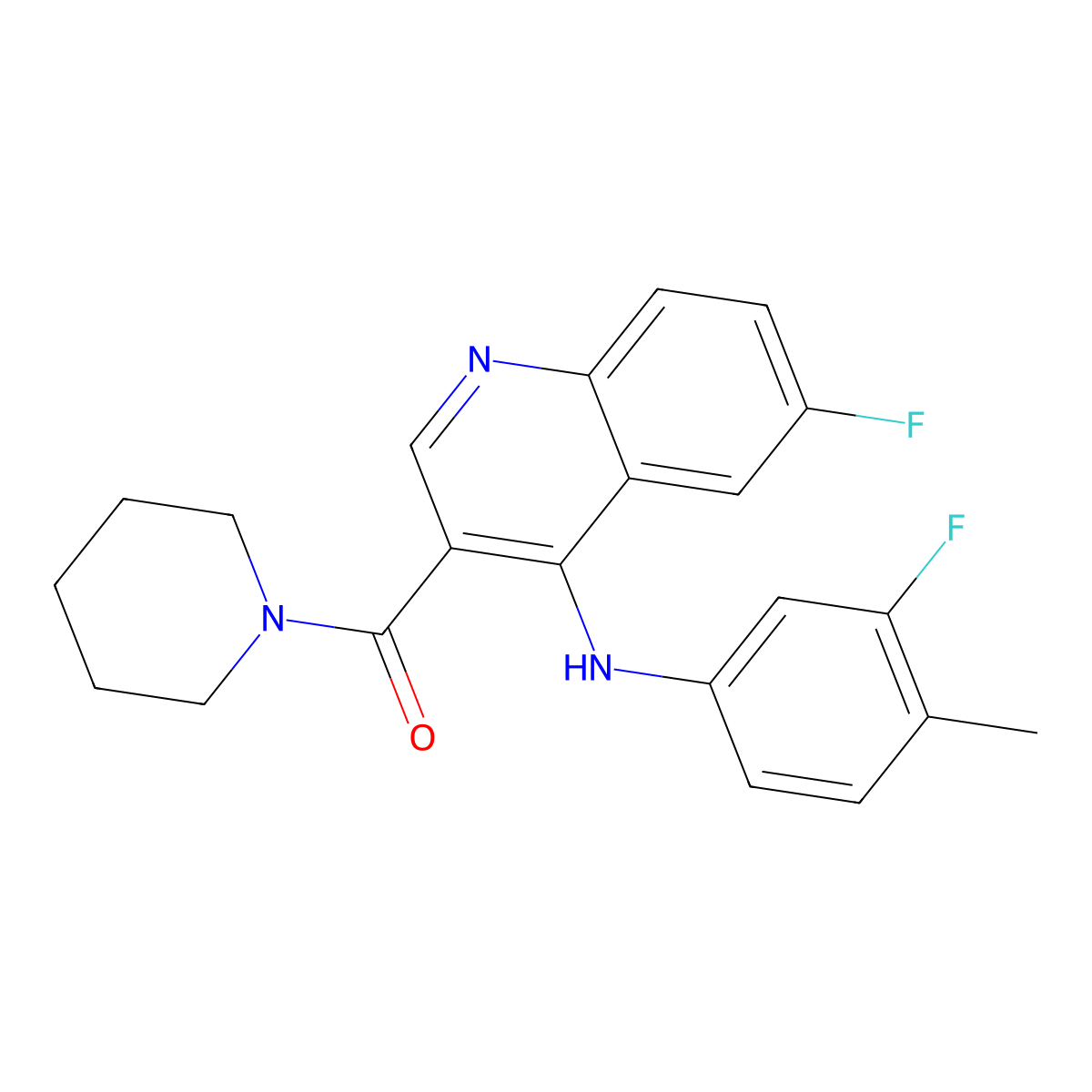 (6-Fluoro-4-((3-fluoro-4-methylphenyl)amino)quinolin-3-yl)(piperidin-1-yl)methanone molecular structure, CAS 1358555-86-8