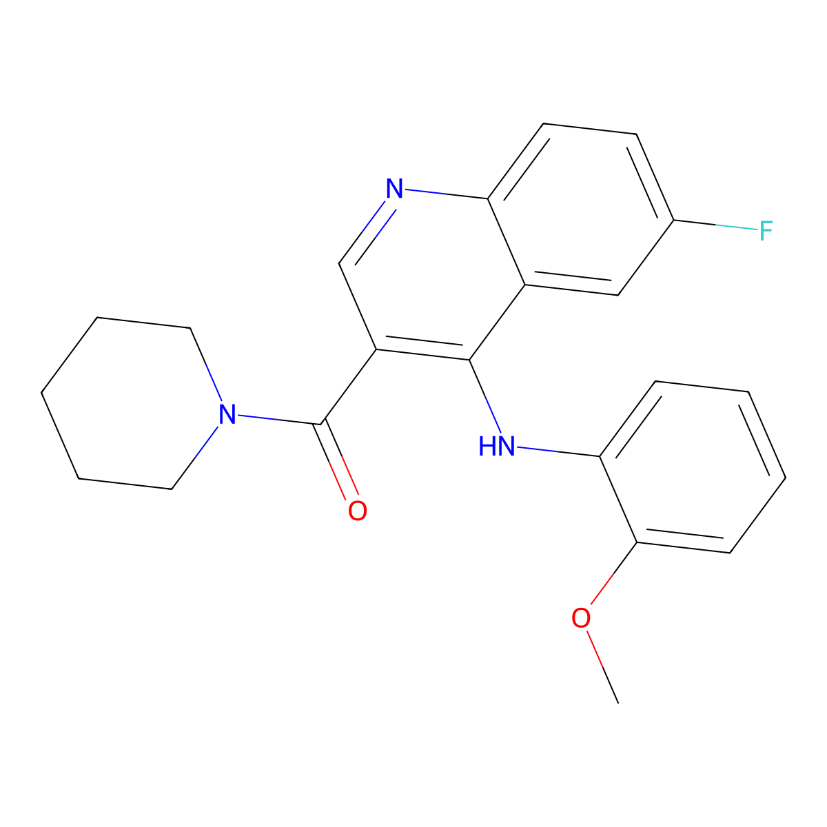 (6-Fluoro-4-((2-methoxyphenyl)amino)quinolin-3-yl)(piperidin-1-yl)methanone molecular structure, CAS 1358579-79-9