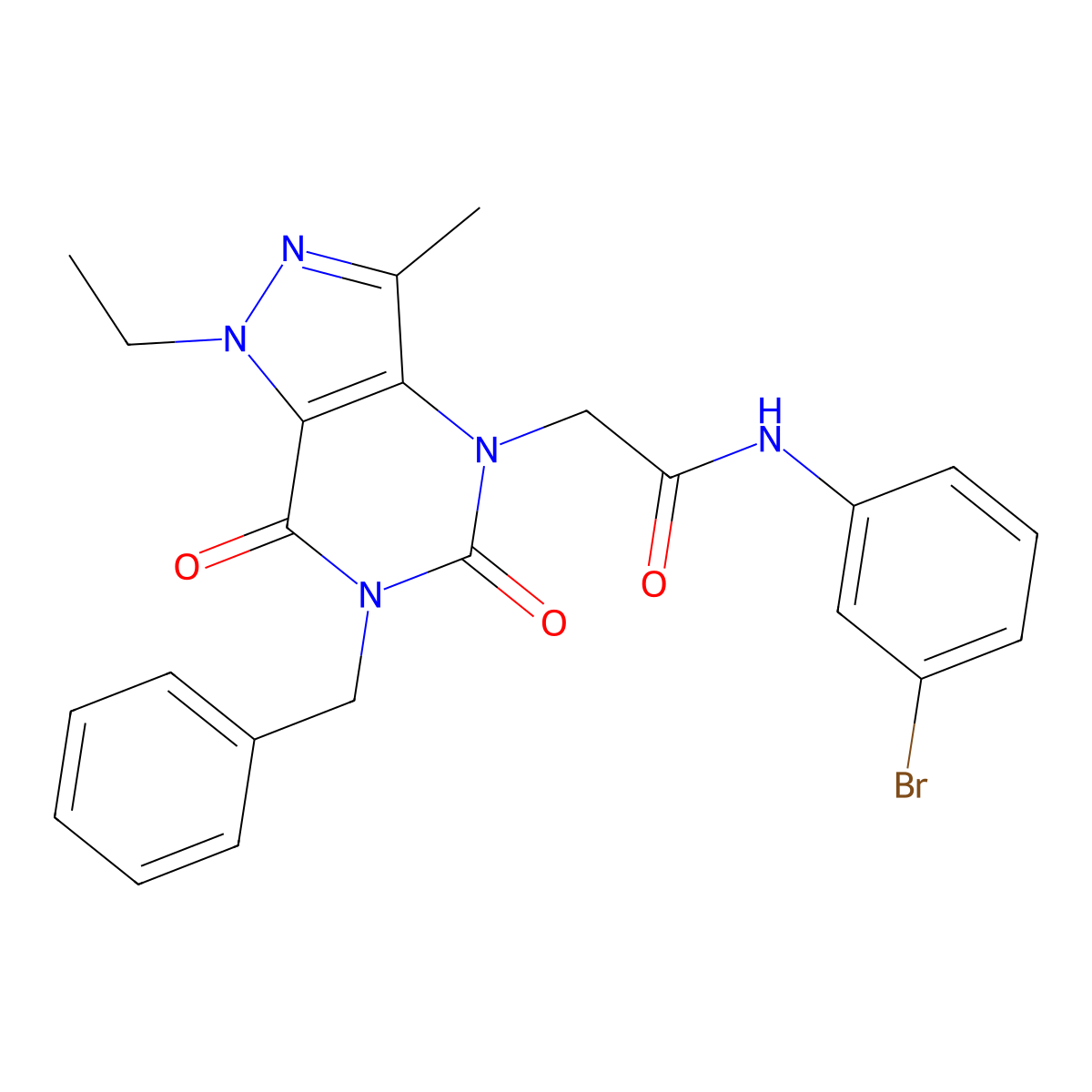 2-{6-benzyl-1-ethyl-3-methyl-5,7-dioxo-1H,4H,5H,6H,7H-pyrazolo[4,3-d]pyrimidin-4-yl}-N-(3-bromophenyl)acetamide molecular structure, CAS 1358583-97-7