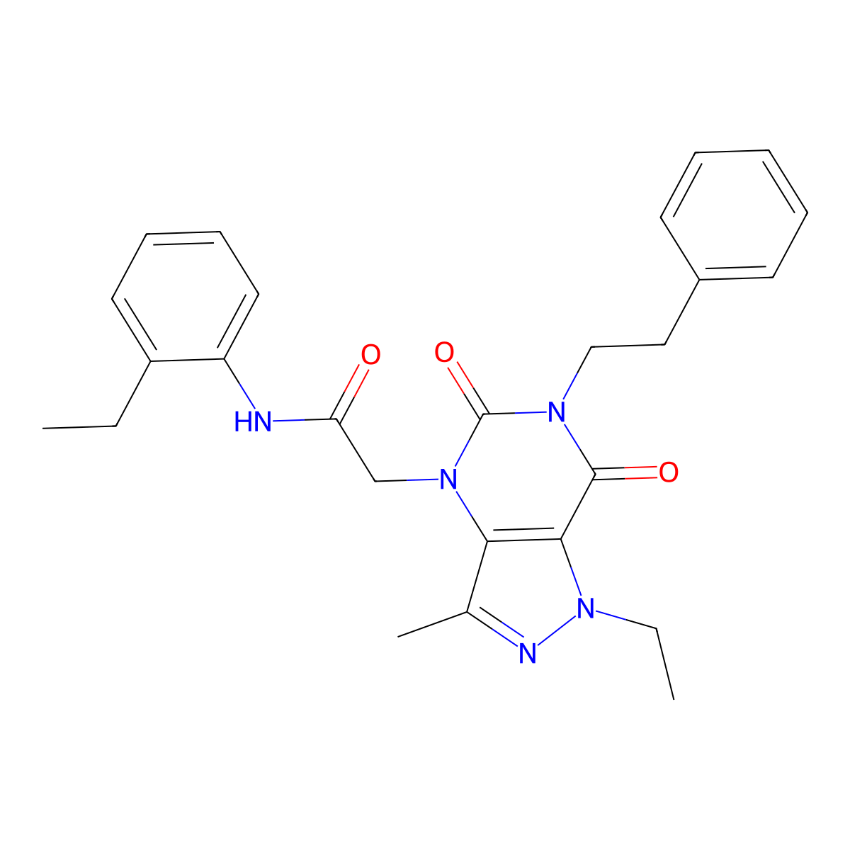 2-(1-ethyl-3-methyl-5,7-dioxo-6-phenethyl-6,7-dihydro-1H-pyrazolo[4,3-d]pyrimidin-4(5H)-yl)-N-(2-ethylphenyl)acetamide molecular structure, CAS 1358584-19-6
