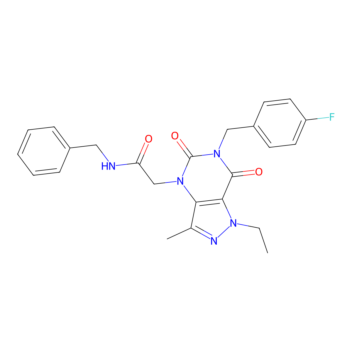 N-benzyl-2-(1-ethyl-6-(4-fluorobenzyl)-3-methyl-5,7-dioxo-6,7-dihydro-1H-pyrazolo[4,3-d]pyrimidin-4(5H)-yl)acetamide molecular structure, CAS 1358584-24-3