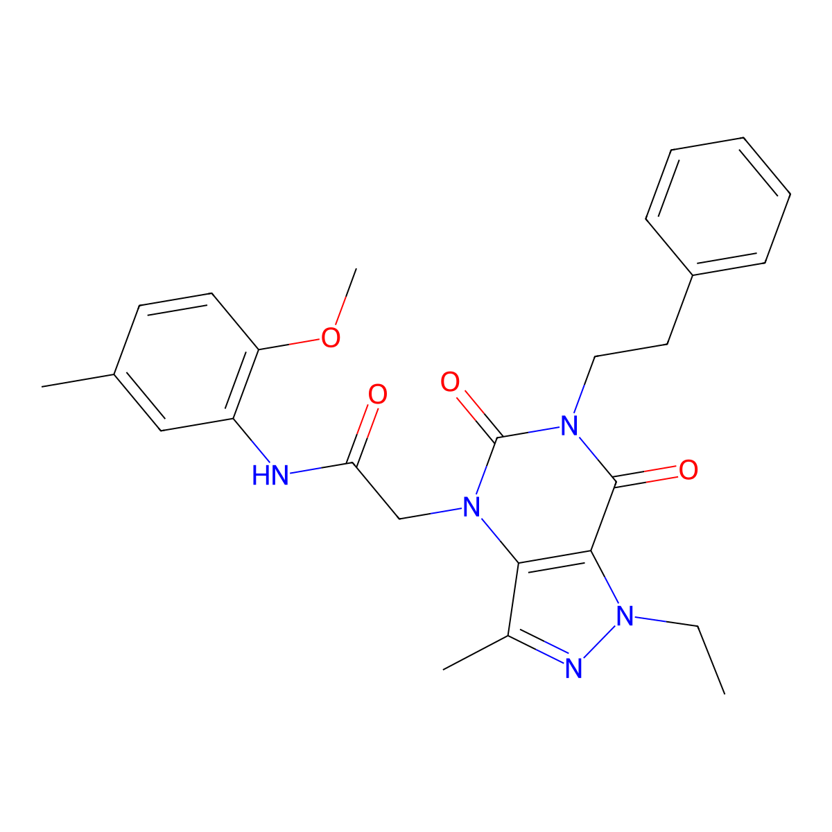 2-(1-ethyl-3-methyl-5,7-dioxo-6-phenethyl-6,7-dihydro-1H-pyrazolo[4,3-d]pyrimidin-4(5H)-yl)-N-(2-methoxy-5-methylphenyl)acetamide molecular structure, CAS 1358584-25-4