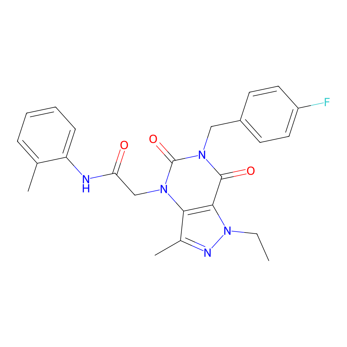 2-(1-ethyl-6-(4-fluorobenzyl)-3-methyl-5,7-dioxo-6,7-dihydro-1H-pyrazolo[4,3-d]pyrimidin-4(5H)-yl)-N-(o-tolyl)acetamide molecular structure, CAS 1358584-38-9
