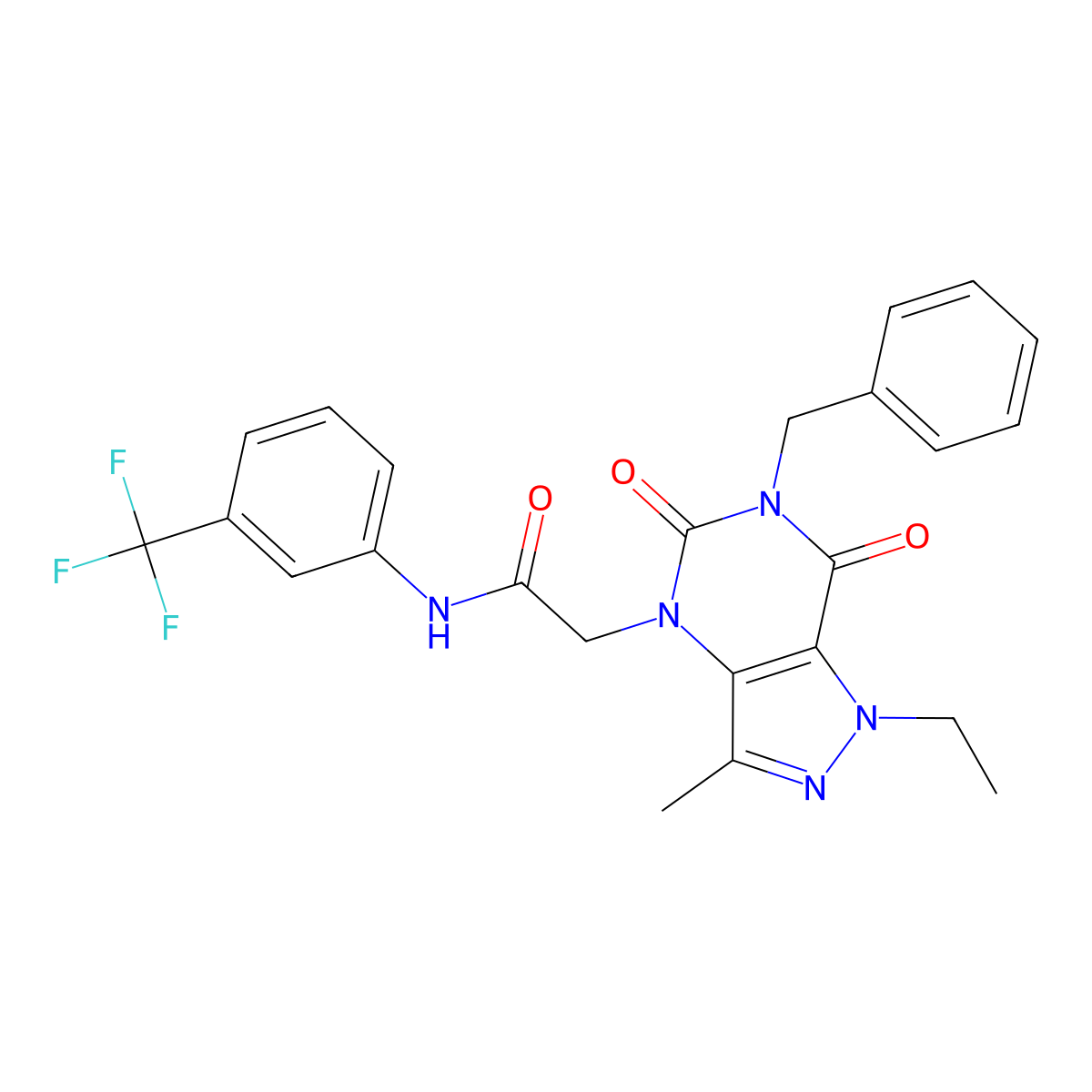 2-{6-benzyl-1-ethyl-3-methyl-5,7-dioxo-1H,4H,5H,6H,7H-pyrazolo[4,3-d]pyrimidin-4-yl}-N-[3-(trifluoromethyl)phenyl]acetamide molecular structure, CAS 1358584-40-3
