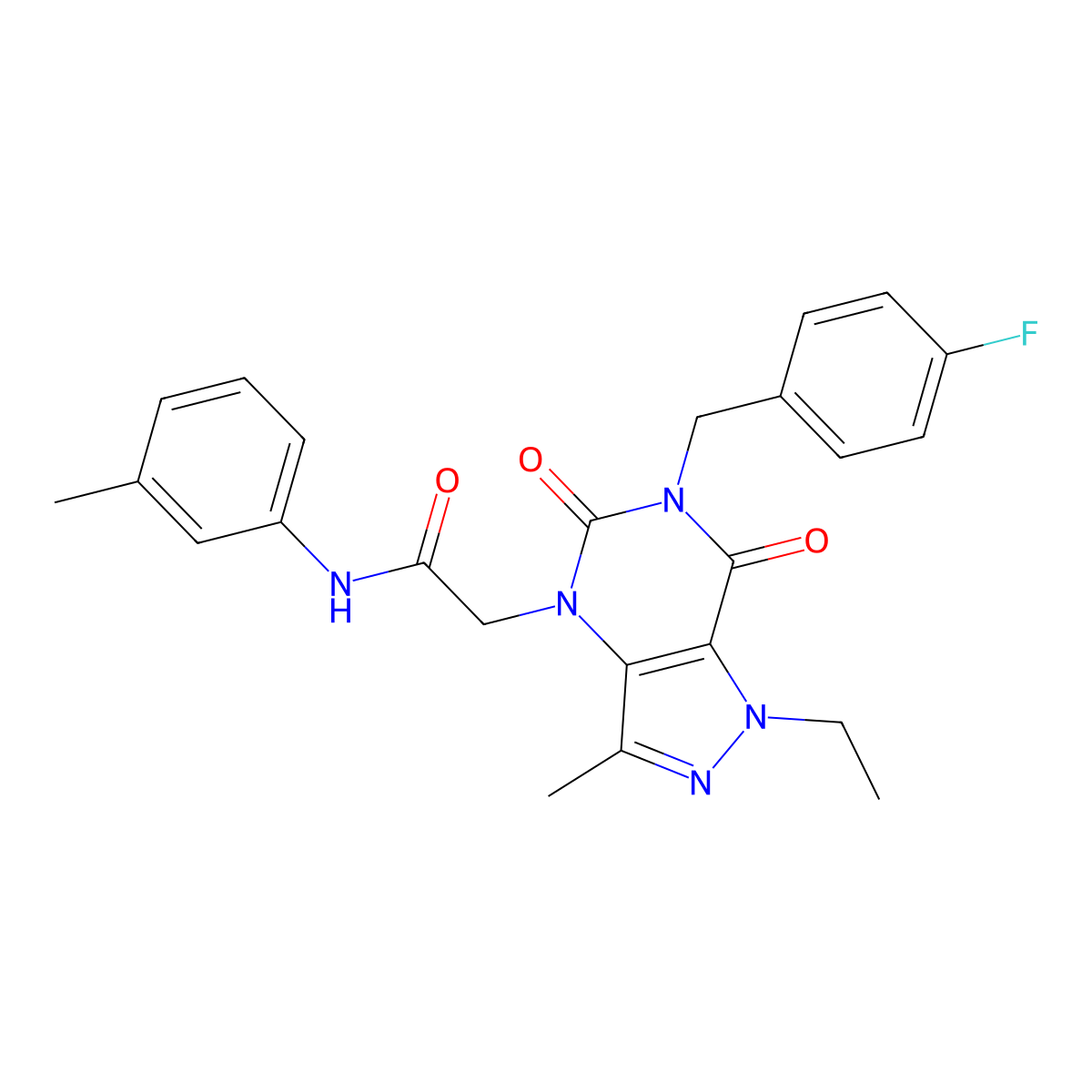 2-(1-ethyl-6-(4-fluorobenzyl)-3-methyl-5,7-dioxo-6,7-dihydro-1H-pyrazolo[4,3-d]pyrimidin-4(5H)-yl)-N-(m-tolyl)acetamide molecular structure, CAS 1358584-45-8