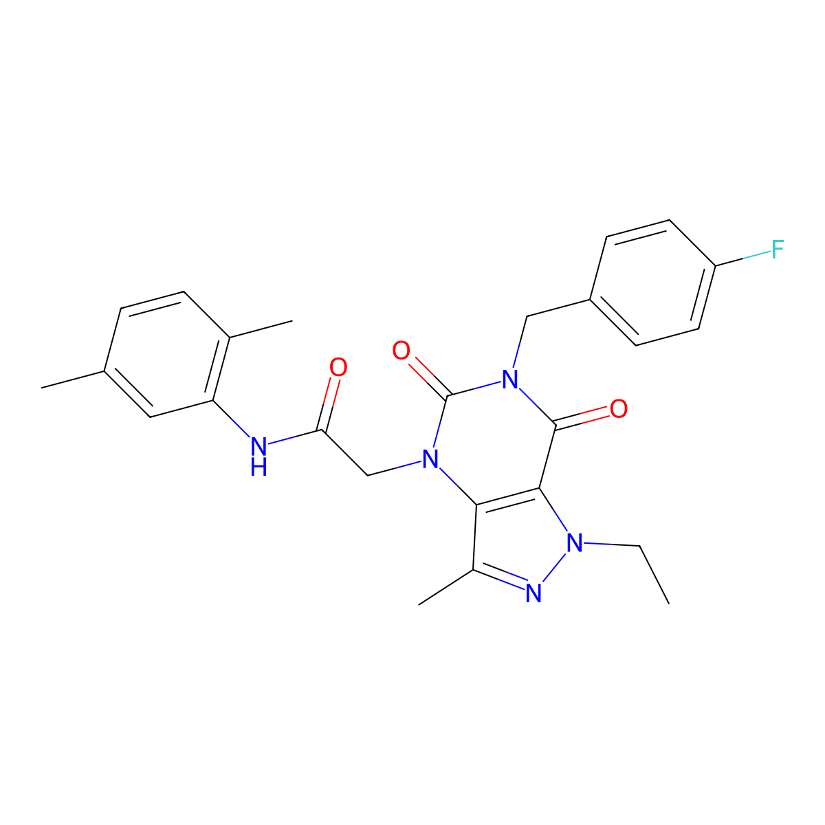 N-(2,5-dimethylphenyl)-2-(1-ethyl-6-(4-fluorobenzyl)-3-methyl-5,7-dioxo-6,7-dihydro-1H-pyrazolo[4,3-d]pyrimidin-4(5H)-yl)acetamide molecular structure, CAS 1358584-53-8
