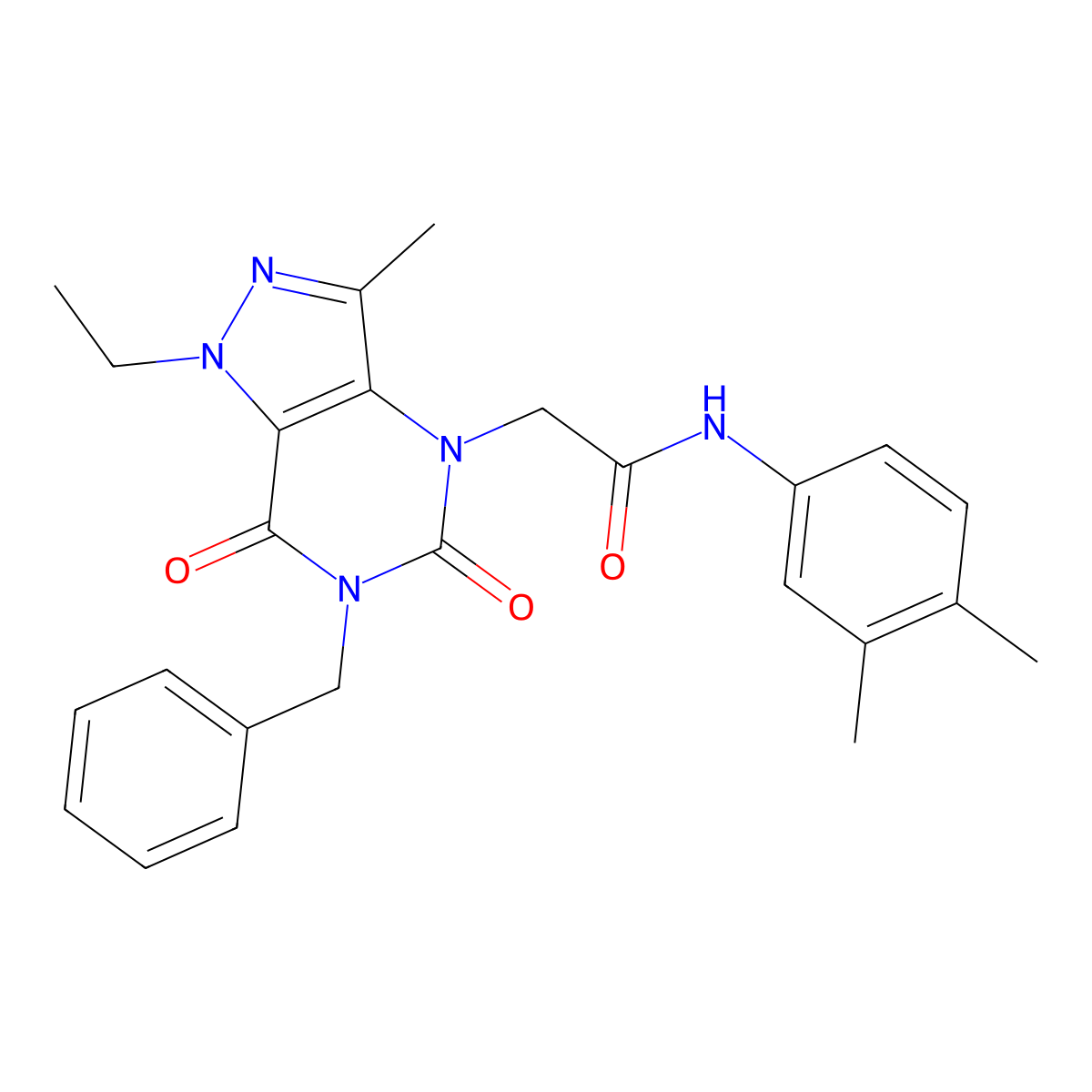 2-{6-benzyl-1-ethyl-3-methyl-5,7-dioxo-1H,4H,5H,6H,7H-pyrazolo[4,3-d]pyrimidin-4-yl}-N-(3,4-dimethylphenyl)acetamide molecular structure, CAS 1358584-58-3