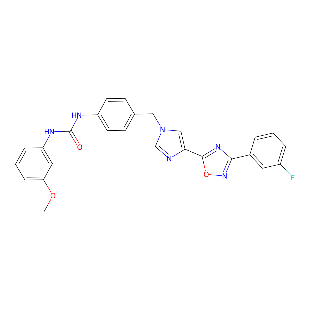 1-[4-({4-[3-(3-fluorophenyl)-1,2,4-oxadiazol-5-yl]-1H-imidazol-1-yl}methyl)phenyl]-3-(3-methoxyphenyl)urea molecular structure, CAS 1358588-74-5