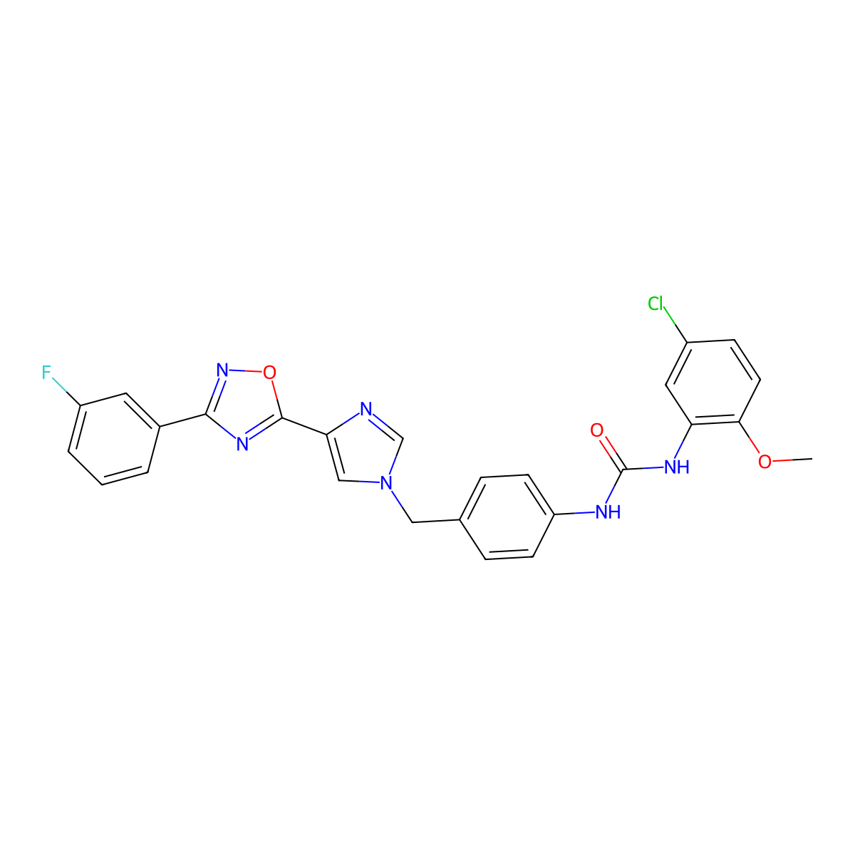 1-(5-chloro-2-methoxyphenyl)-3-(4-((4-(3-(3-fluorophenyl)-1,2,4-oxadiazol-5-yl)-1H-imidazol-1-yl)methyl)phenyl)urea molecular structure, CAS 1358589-20-4