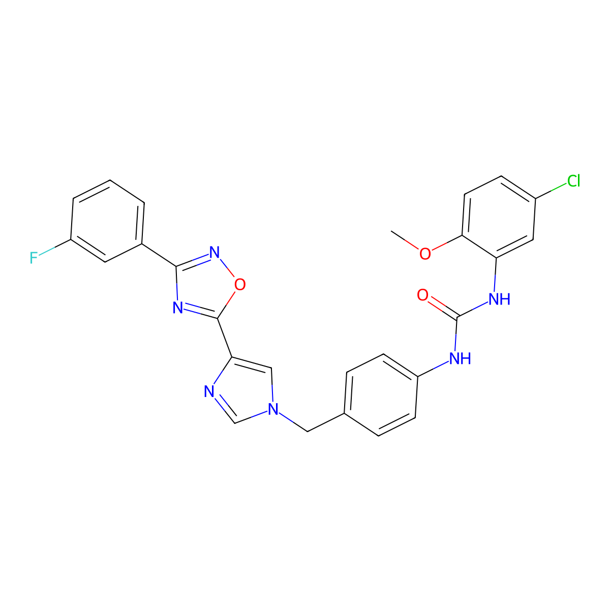 1-(5-chloro-2-methoxyphenyl)-3-(4-((4-(3-(3-fluorophenyl)-1,2,4-oxadiazol-5-yl)-1H-imidazol-1-yl)methyl)phenyl)urea molecular structure, CAS 1358589-20-4