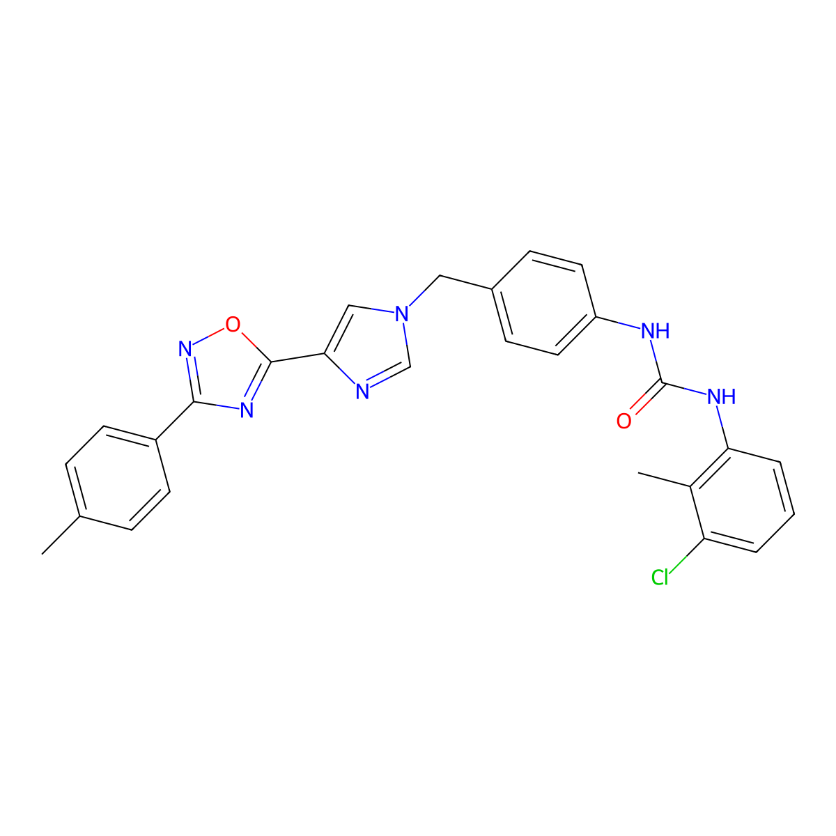 1-(3-chloro-2-methylphenyl)-3-(4-((4-(3-(p-tolyl)-1,2,4-oxadiazol-5-yl)-1H-imidazol-1-yl)methyl)phenyl)urea molecular structure, CAS 1358589-28-2