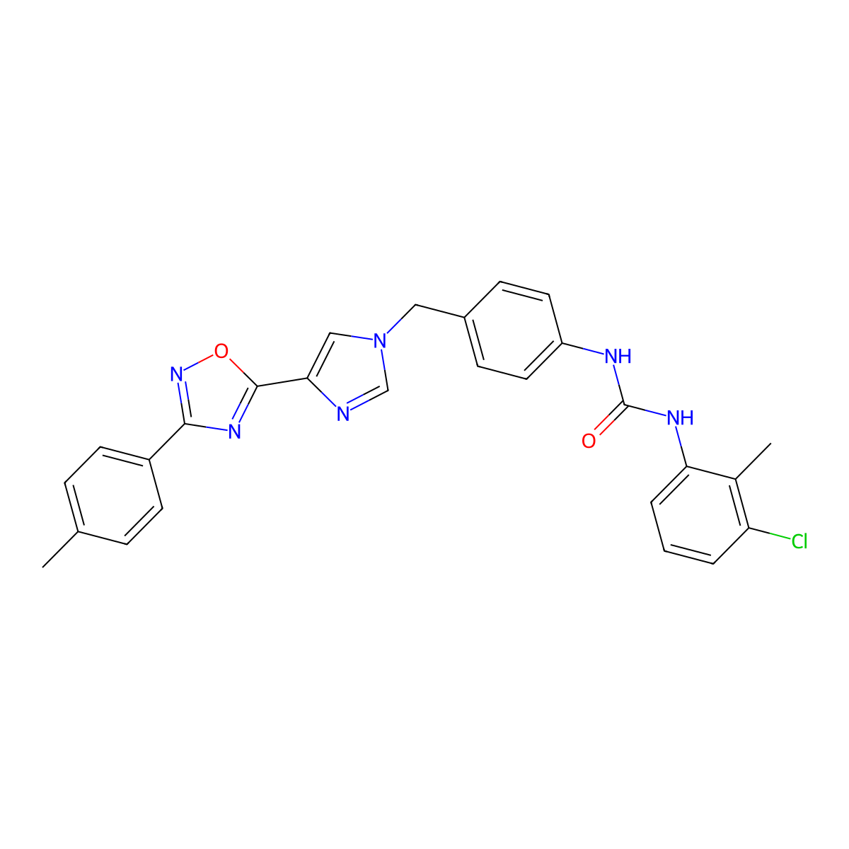 1-(3-chloro-2-methylphenyl)-3-(4-((4-(3-(p-tolyl)-1,2,4-oxadiazol-5-yl)-1H-imidazol-1-yl)methyl)phenyl)urea molecular structure, CAS 1358589-28-2