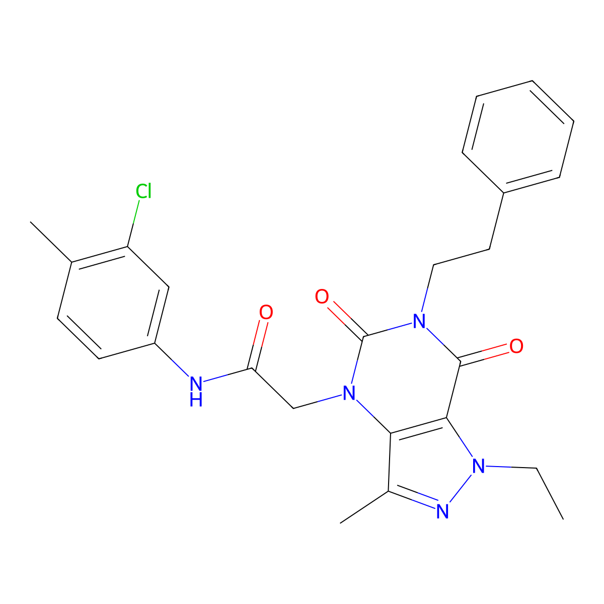N-(3-chloro-4-methylphenyl)-2-(1-ethyl-3-methyl-5,7-dioxo-6-phenethyl-6,7-dihydro-1H-pyrazolo[4,3-d]pyrimidin-4(5H)-yl)acetamide molecular structure, CAS 1358589-41-9