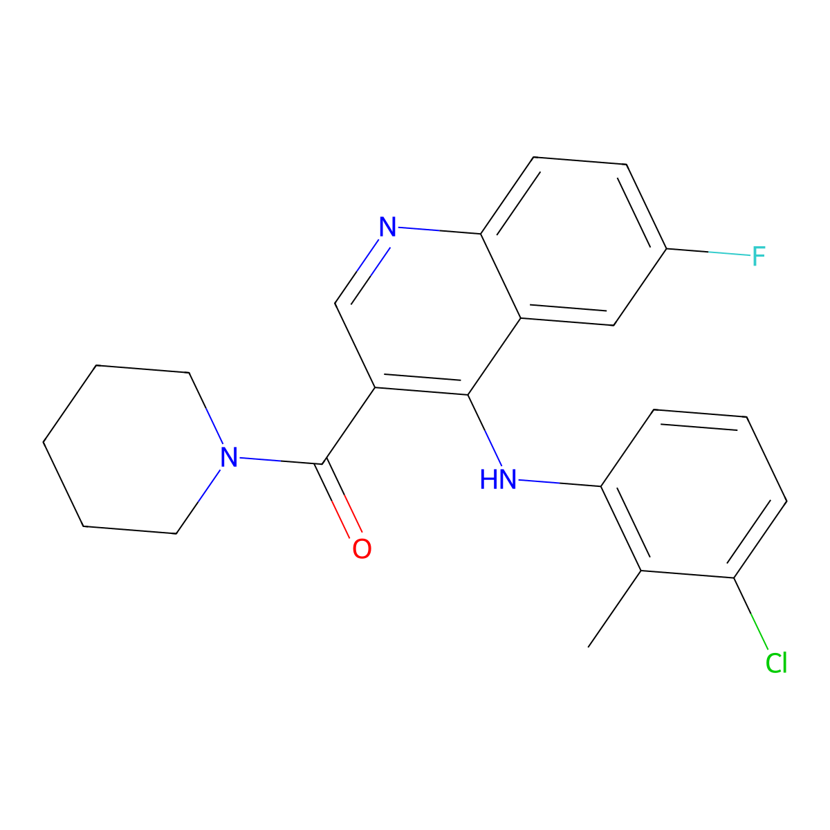 (4-((3-Chloro-2-methylphenyl)amino)-6-fluoroquinolin-3-yl)(piperidin-1-yl)methanone molecular structure, CAS 1358590-50-7
