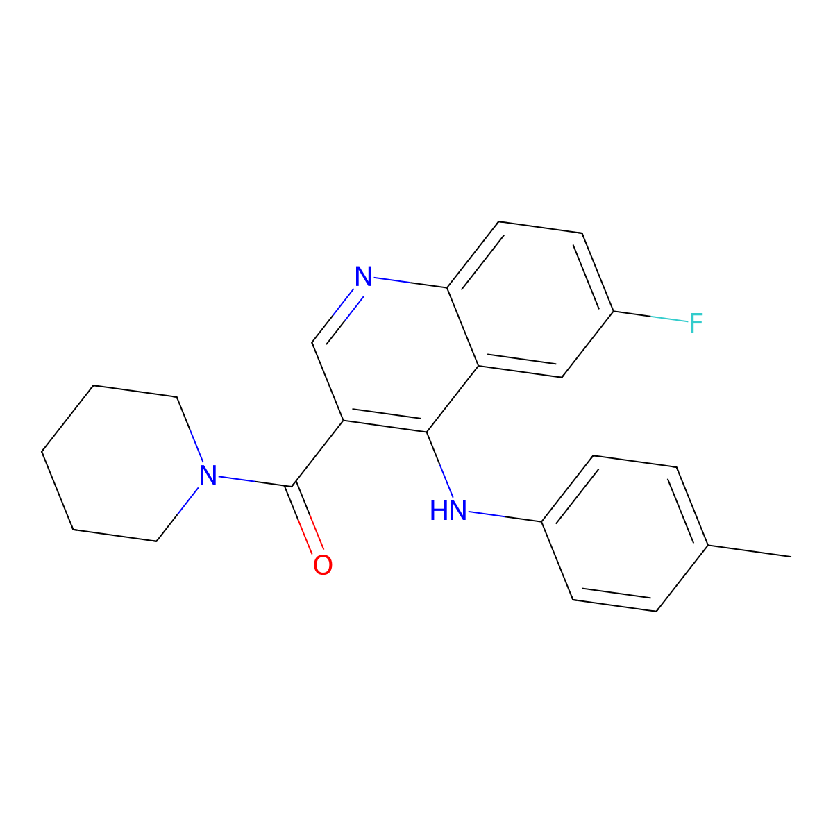 (6-Fluoro-4-(p-tolylamino)quinolin-3-yl)(piperidin-1-yl)methanone molecular structure, CAS 1358590-99-4