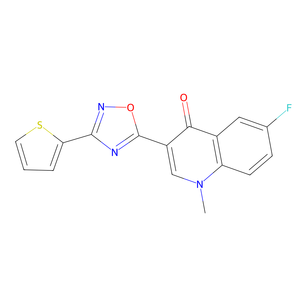 6-fluoro-1-methyl-3-(3-(thiophen-2-yl)-1,2,4-oxadiazol-5-yl)quinolin-4(1H)-one molecular structure, CAS 1358596-51-6