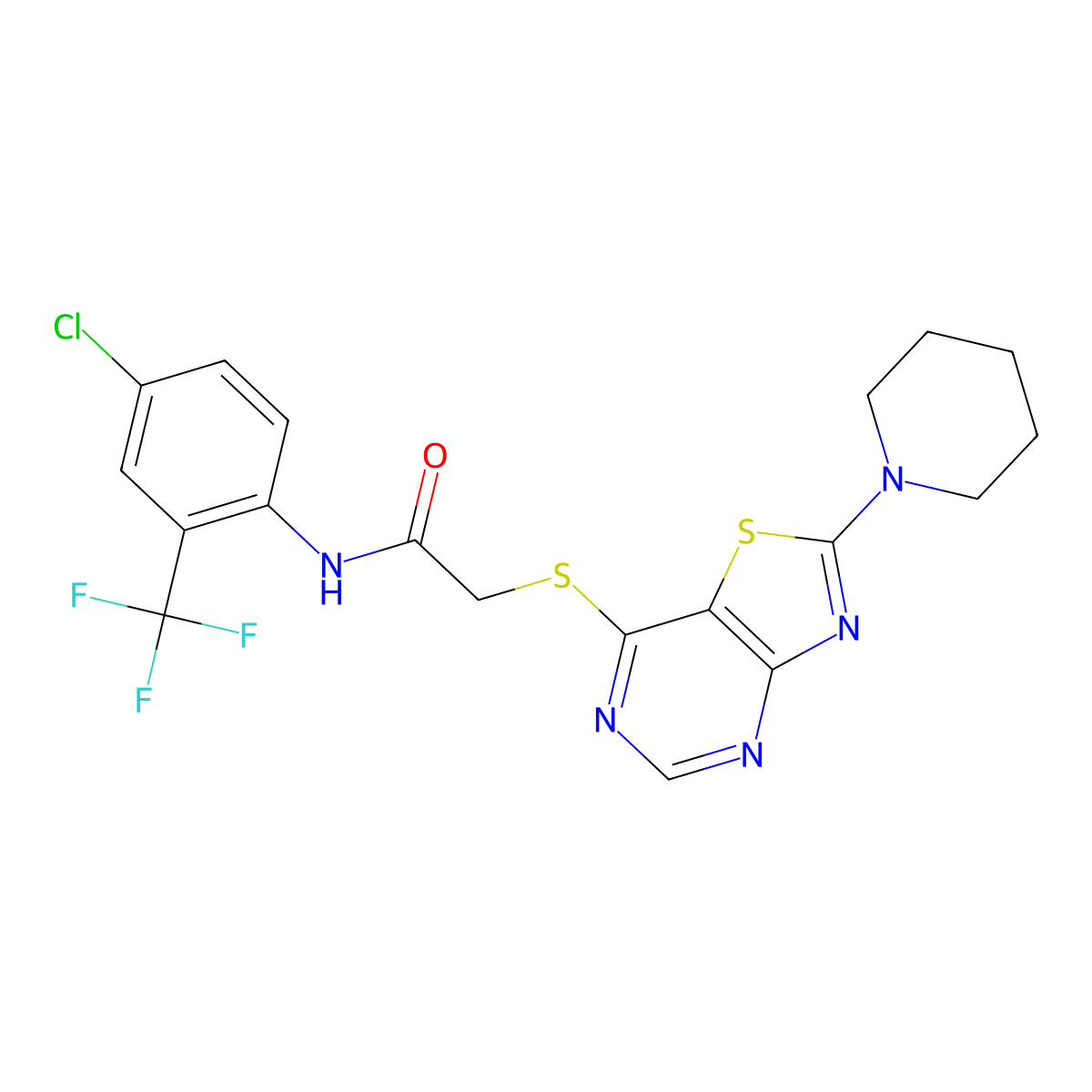 N-(4-chloro-2-(trifluoromethyl)phenyl)-2-((2-(piperidin-1-yl)thiazolo[4,5-d]pyrimidin-7-yl)thio)acetamide molecular structure, CAS 1358600-31-3