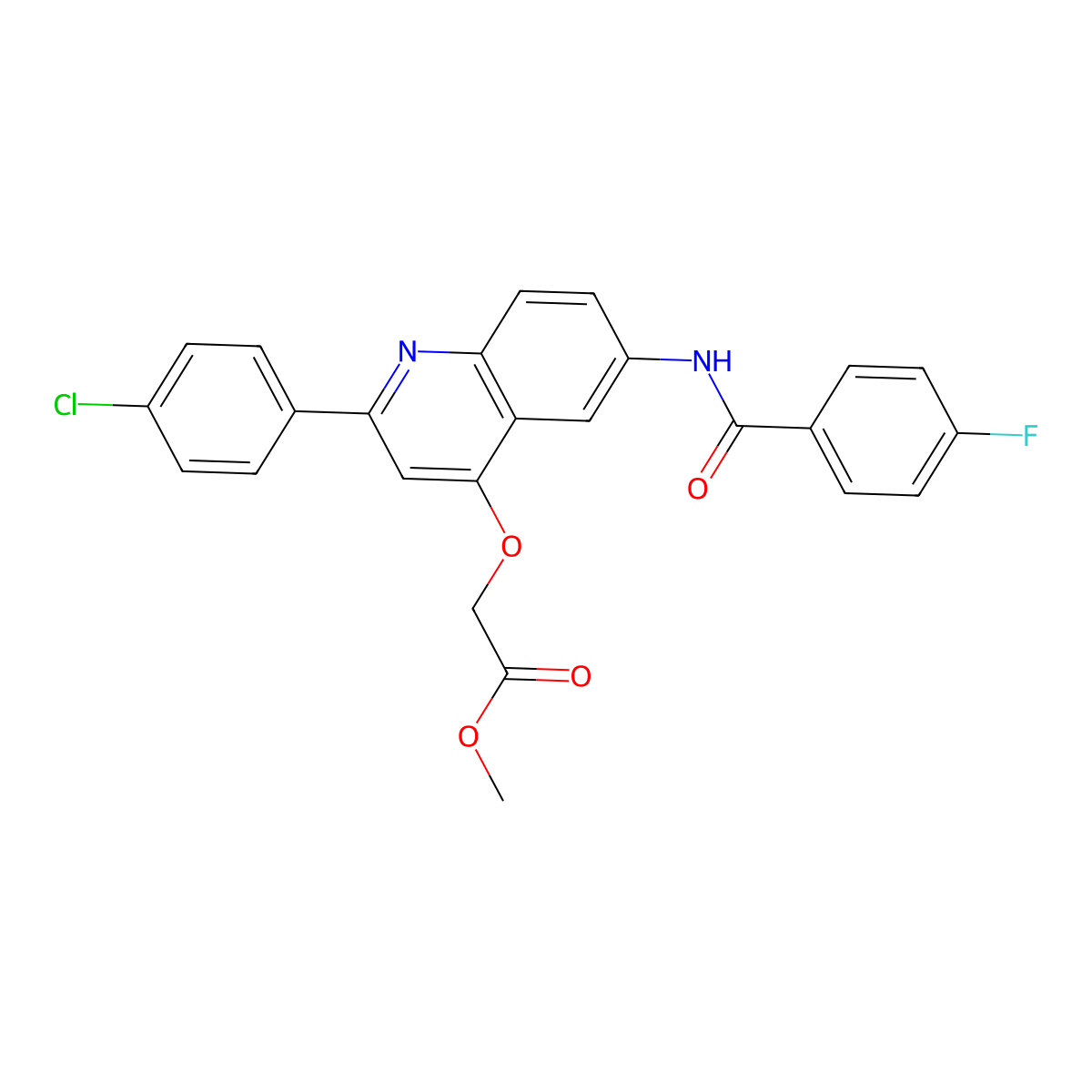 Methyl 2-{[2-(4-chlorophenyl)-6-(4-fluorobenzamido)quinolin-4-YL]oxy}acetate molecular structure, CAS 1358620-09-3