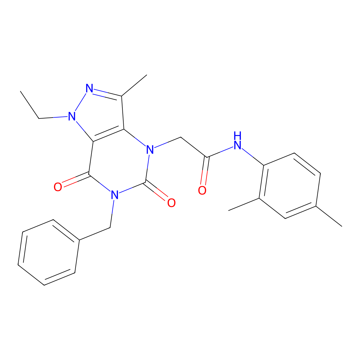 2-(6-benzyl-1-ethyl-3-methyl-5,7-dioxo-1,5,6,7-tetrahydro-4H-pyrazolo[4,3-d]pyrimidin-4-yl)-N-(2,4-dimethylphenyl)acetamide molecular structure, CAS 1358627-49-2