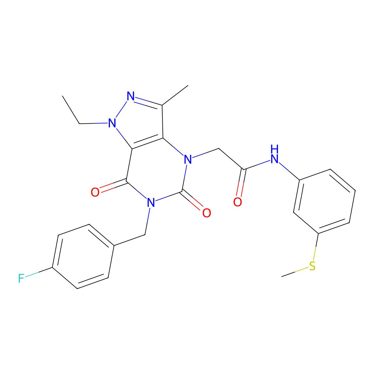 2-(1-ethyl-6-(4-fluorobenzyl)-3-methyl-5,7-dioxo-6,7-dihydro-1H-pyrazolo[4,3-d]pyrimidin-4(5H)-yl)-N-(3-(methylthio)phenyl)acetamide molecular structure, CAS 1358628-07-5