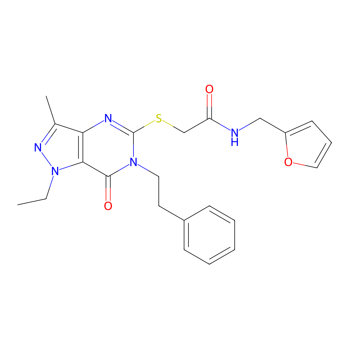 2-{[1-ethyl-3-methyl-7-oxo-6-(2-phenylethyl)-1H,6H,7H-pyrazolo[4,3-d]pyrimidin-5-yl]sulfanyl}-N-[(furan-2-yl)methyl]acetamide molecular structure, CAS 1358628-70-2