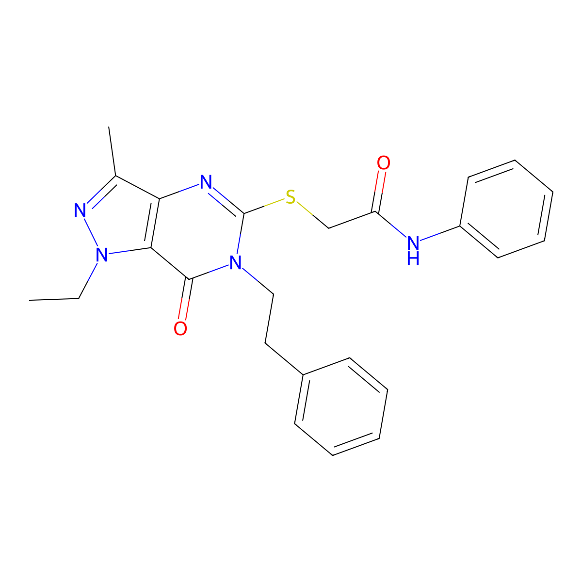 2-((1-ethyl-3-methyl-7-oxo-6-phenethyl-6,7-dihydro-1H-pyrazolo[4,3-d]pyrimidin-5-yl)thio)-N-phenylacetamide molecular structure, CAS 1358628-94-0