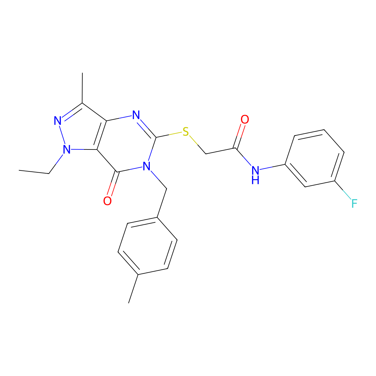 2-((1-ethyl-3-methyl-6-(4-methylbenzyl)-7-oxo-6,7-dihydro-1H-pyrazolo[4,3-d]pyrimidin-5-yl)thio)-N-(3-fluorophenyl)acetamide molecular structure, CAS 1358629-22-7